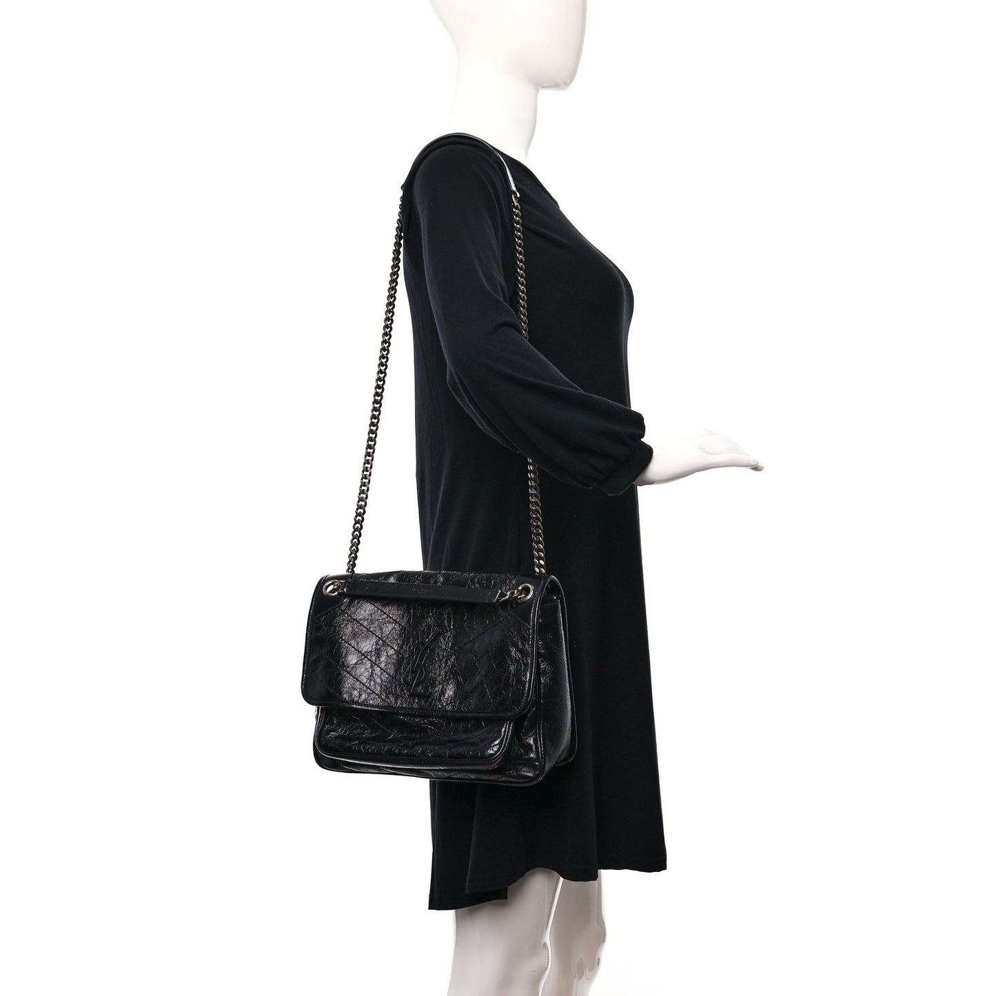 Crinkled Calfskin Matelasse Monogram Medium Niki Chain Satchel Black