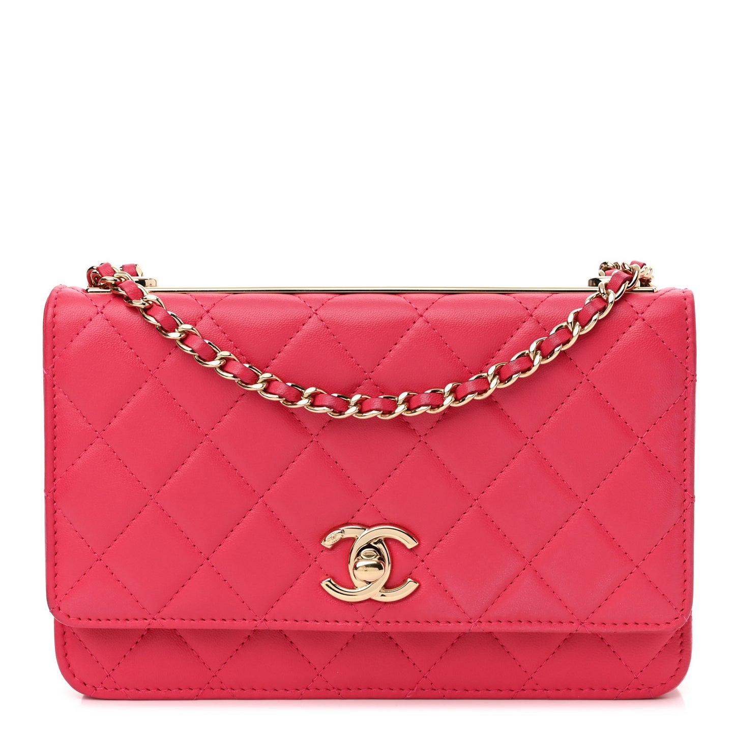 Lambskin Quilted Trendy CC Wallet On Chain WOC Dark Pink