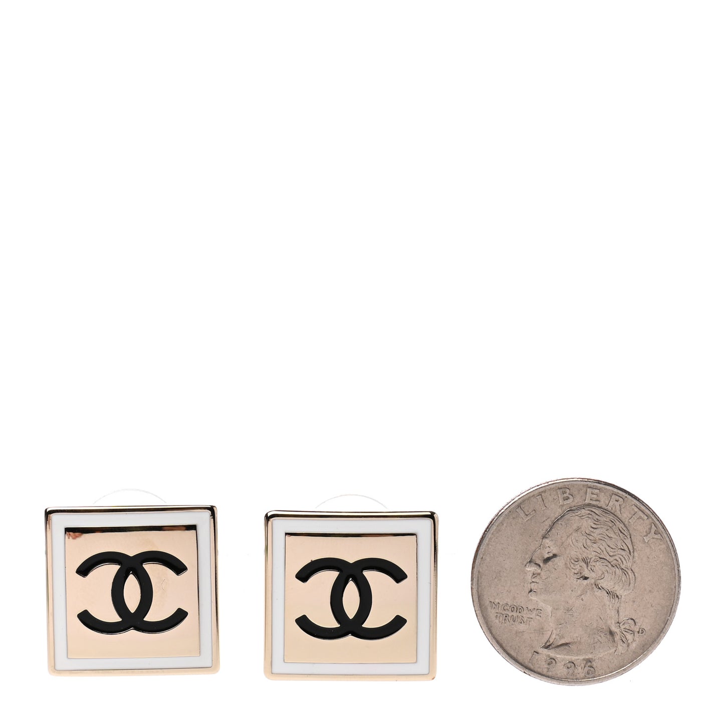 Metal Enamel CC Square Earrings Gold Black White