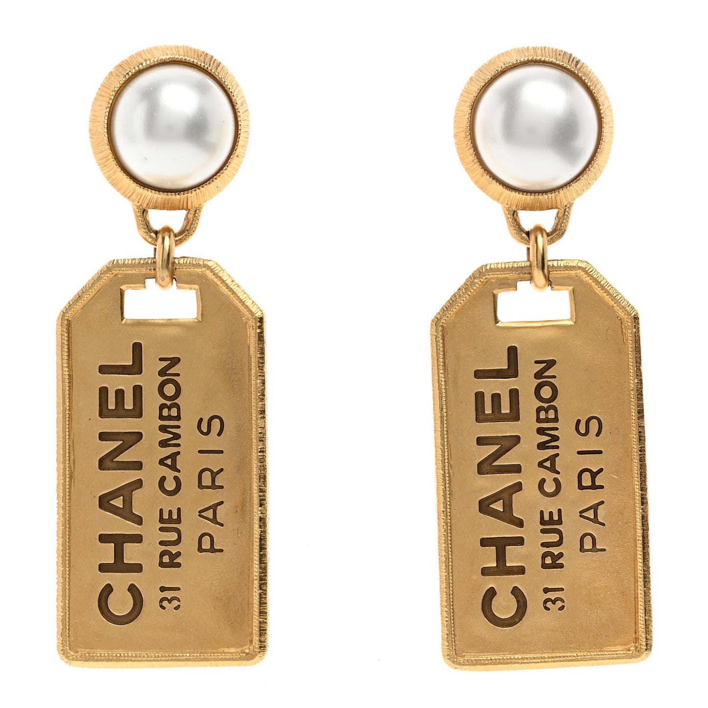 Pearl CC Tags Drop Earrings Gold