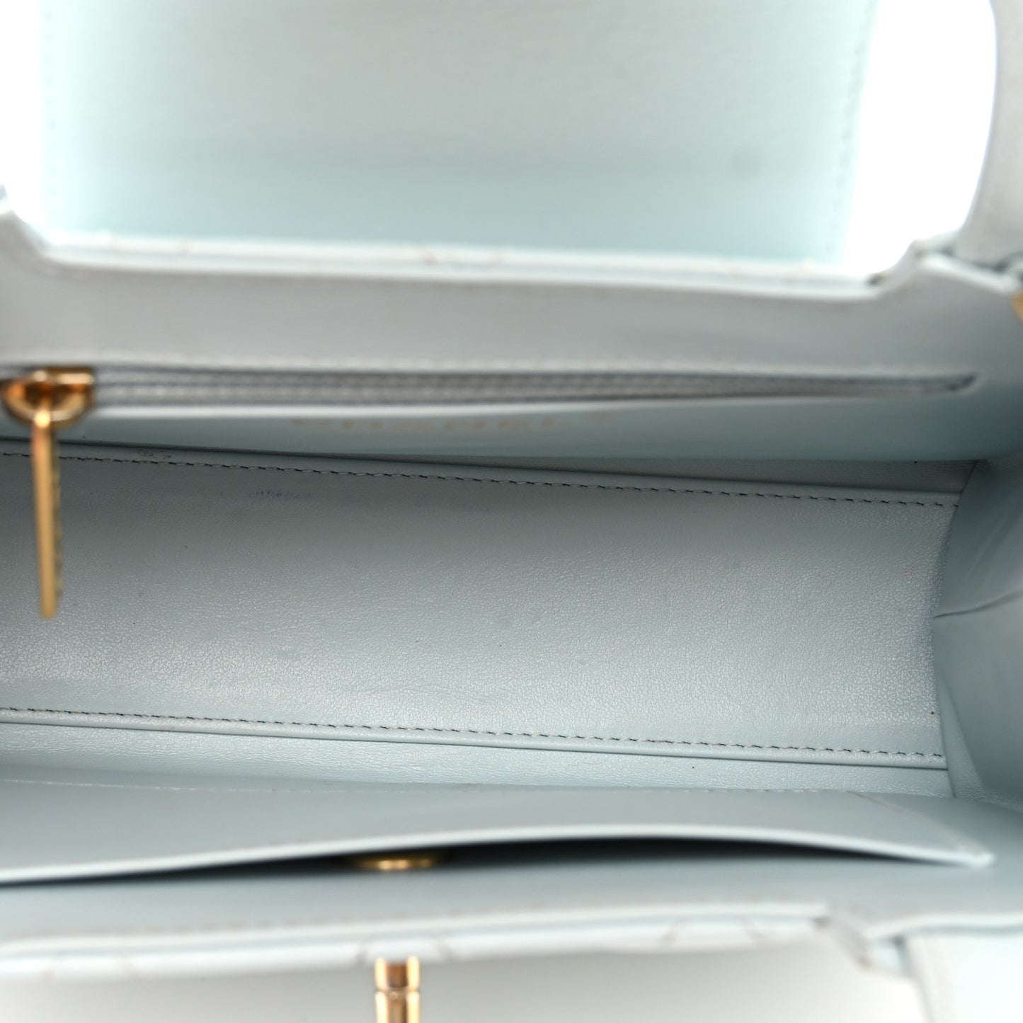 Shiny Aged Calfskin Quilted Nano Kelly Shopper Light Blue