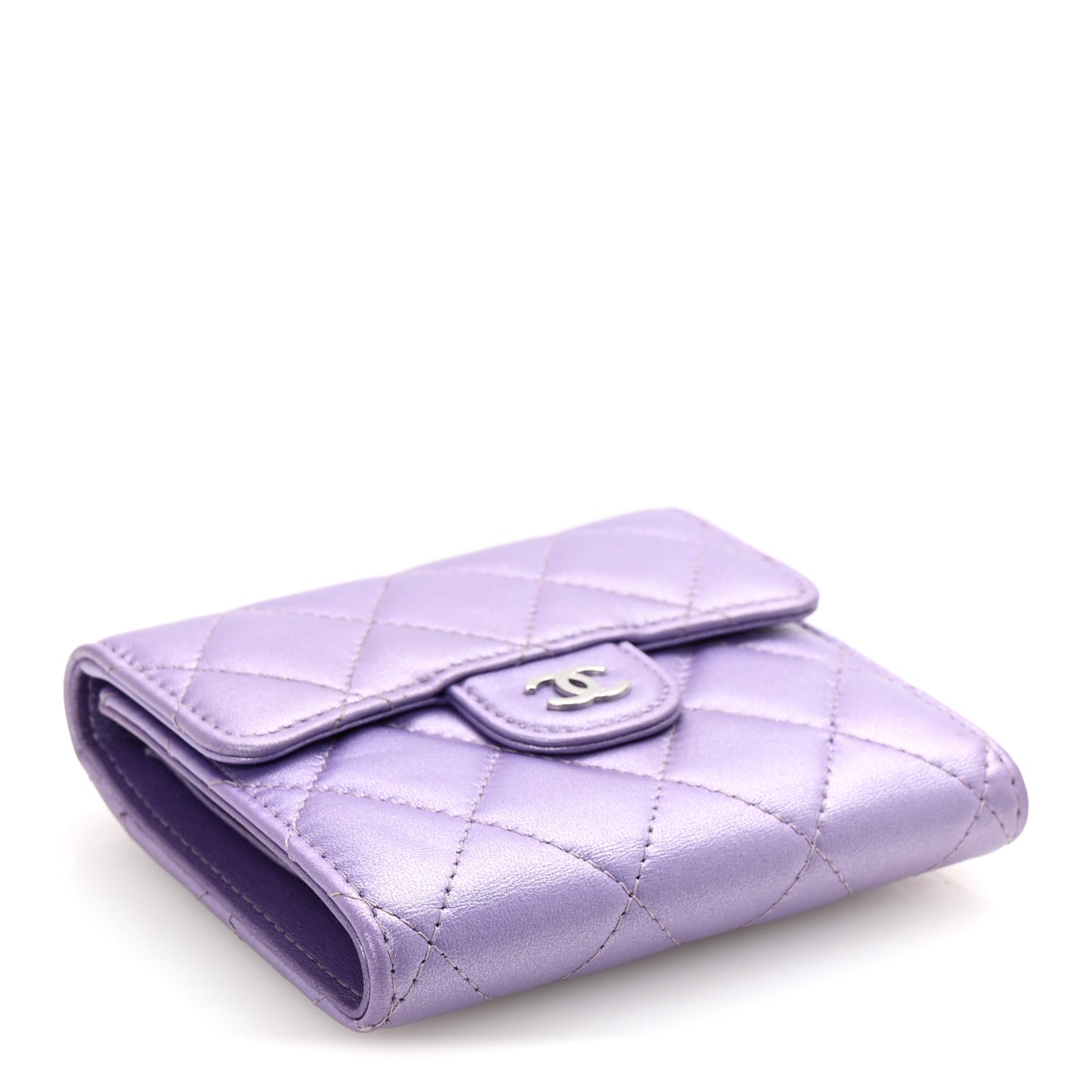 Metallic Lambskin Quilted Compact Flap Wallet Light Purple