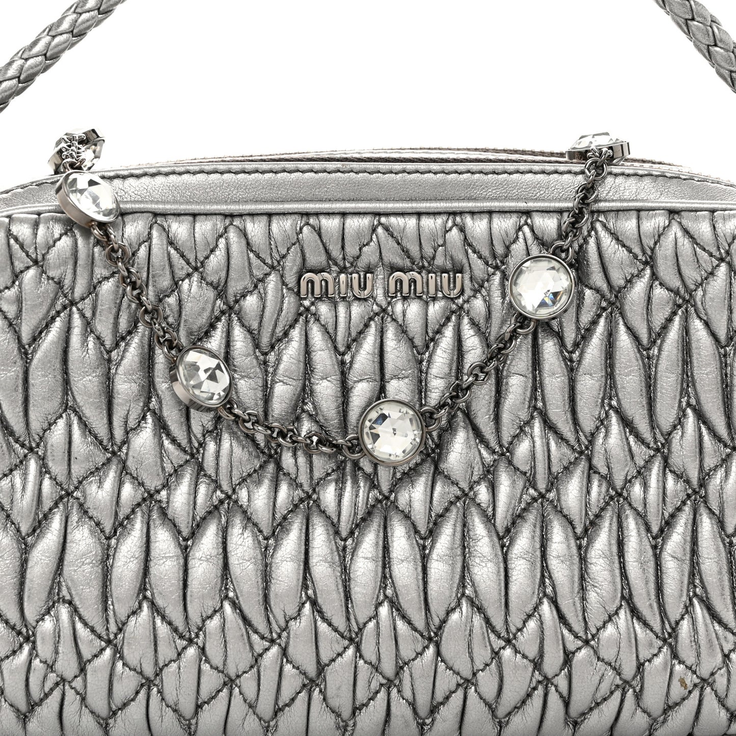 Metallic Nappa Matelasse Crystal Double Zip Pochette Cromo