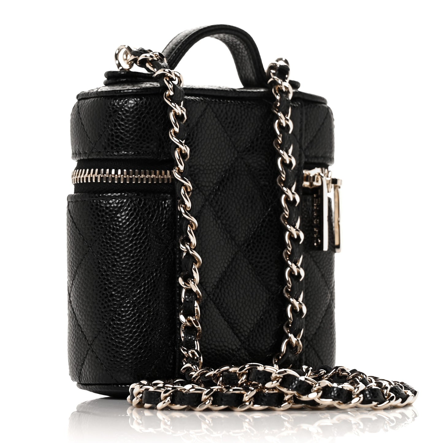 Caviar Quilted Small Handle With Care Vanity Case With Chain Black