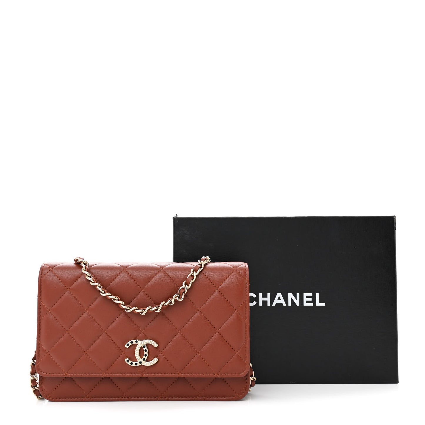Lambskin Quilted Crystal Pearl CC Wallet On Chain WOC Brown
