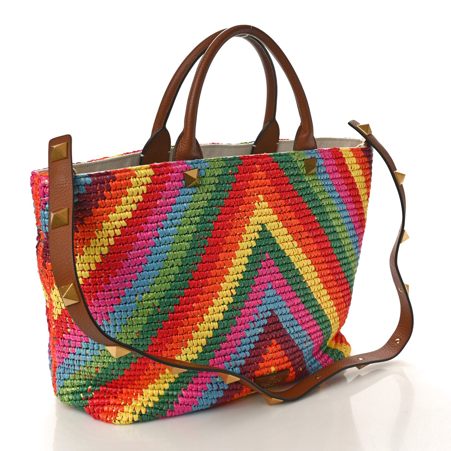 Raffia Calfskin Rockstud Summer Tote Multicolor