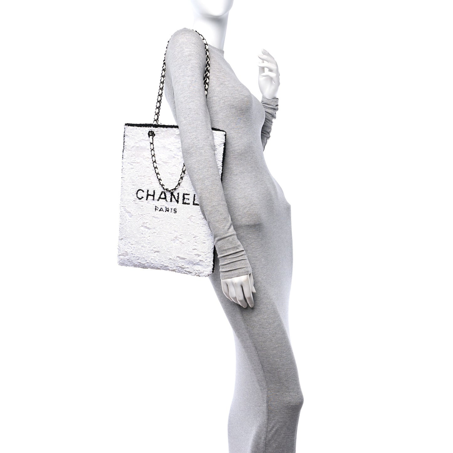 Sequin Logo Shopping Tote White Black