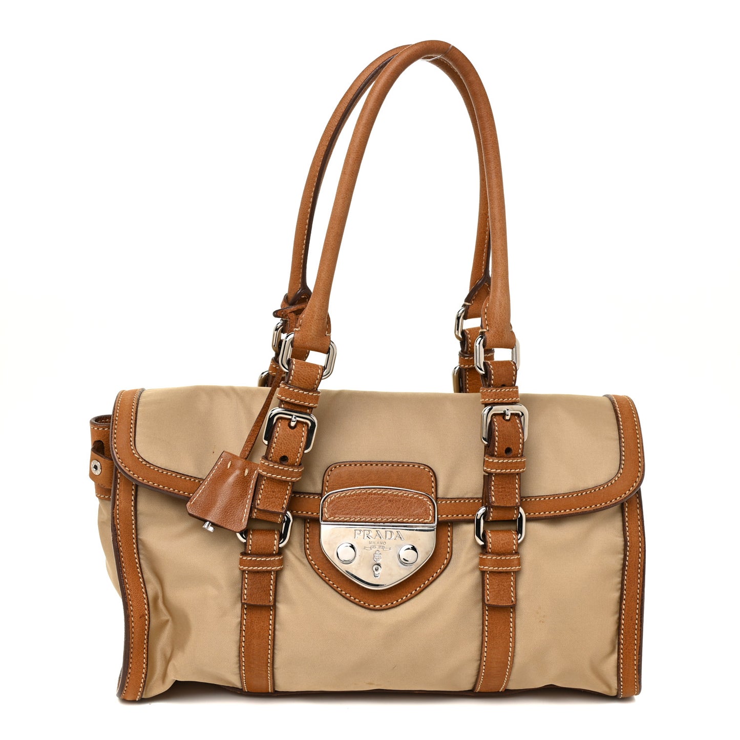 Tessuto Nylon Vitello Foldover Pushlock Satchel Beige