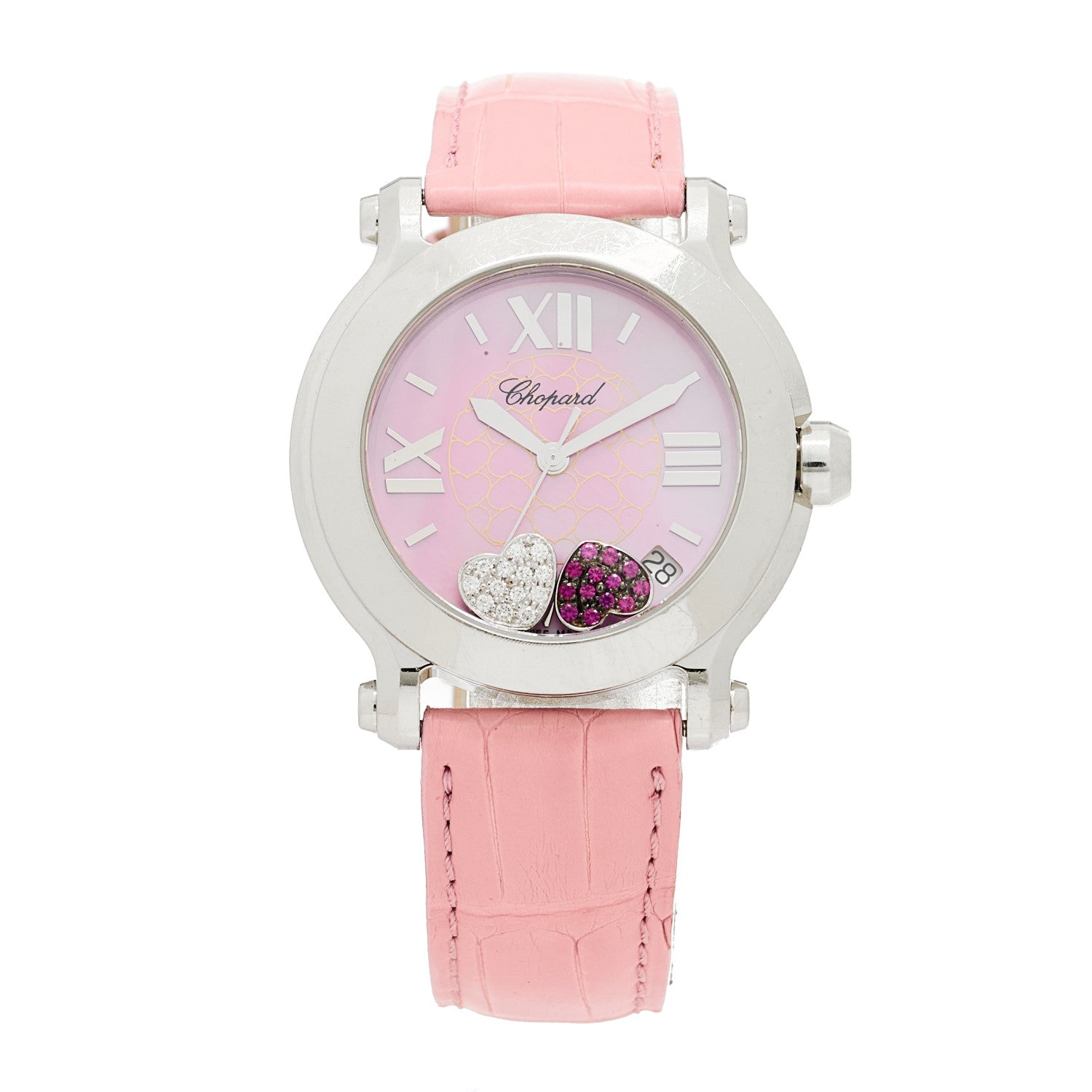 Chopard Stainless Steel Alligator Diamond Pink Sapphire Pink Mother of Pearl 36mm Happy Sport Hearts Quartz Watch 1 of 4