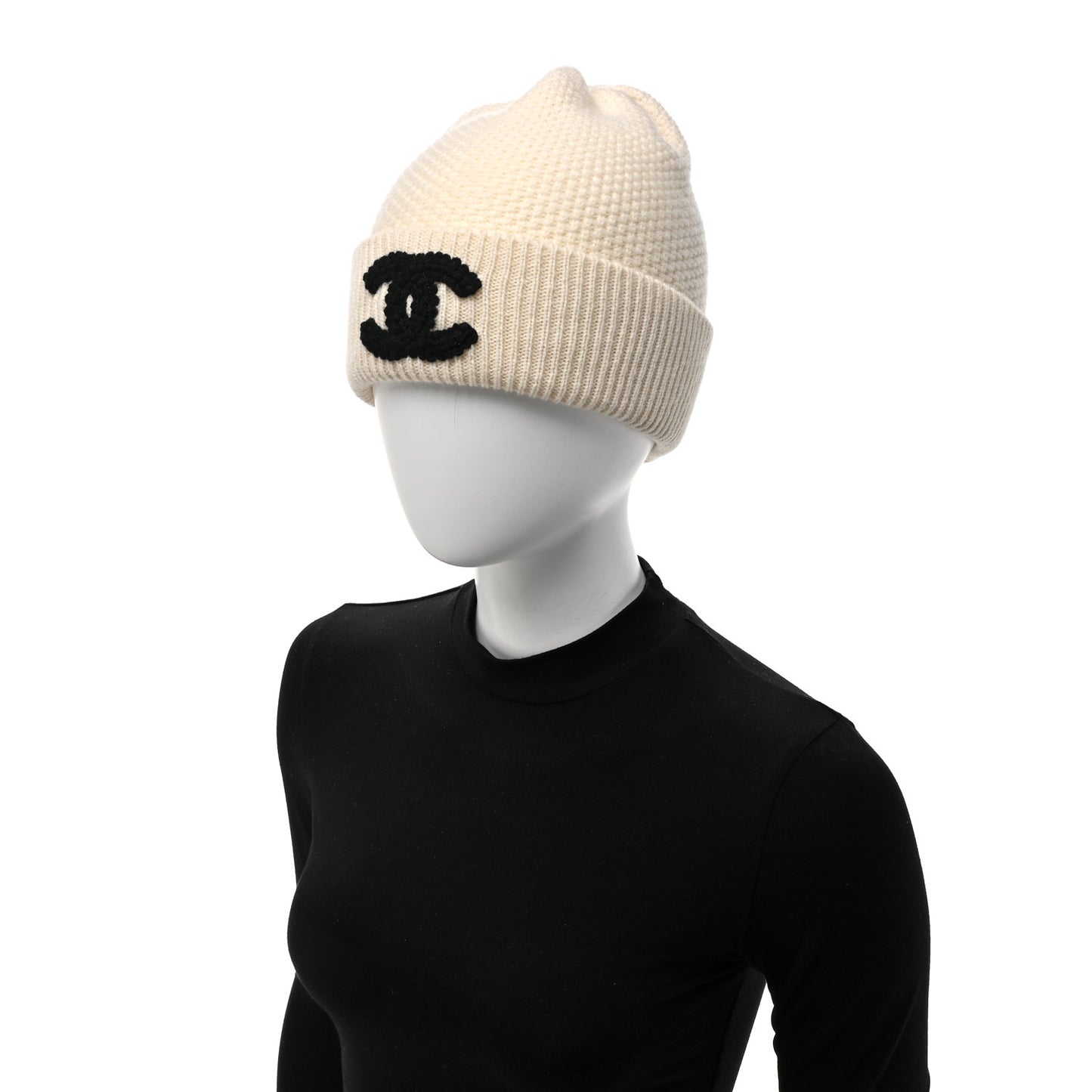 Wool Cashmere CC Beanie Hat Ivory Black