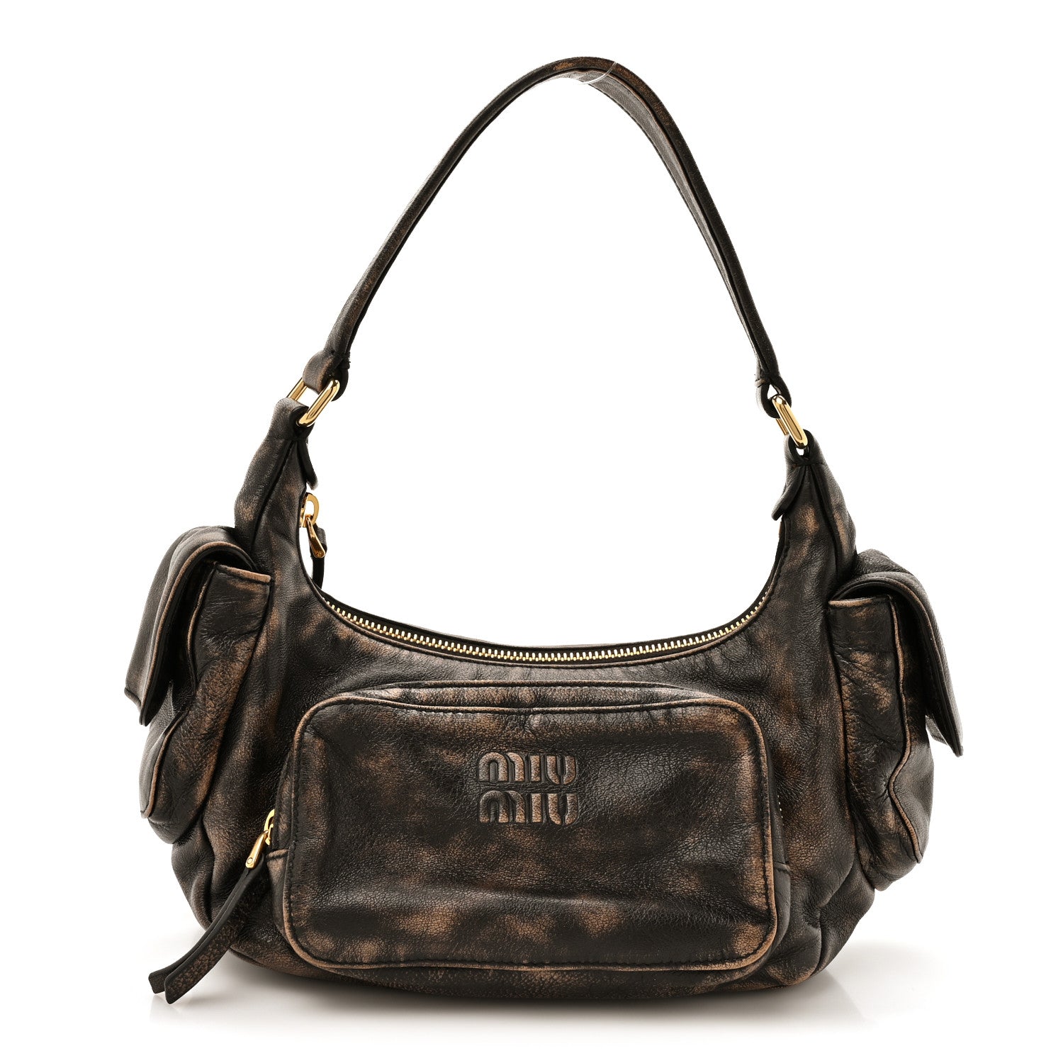 Miu Miu Distressed Nappa Pocket Bag Sand Coffee 1915788 – FASHIONPHILE