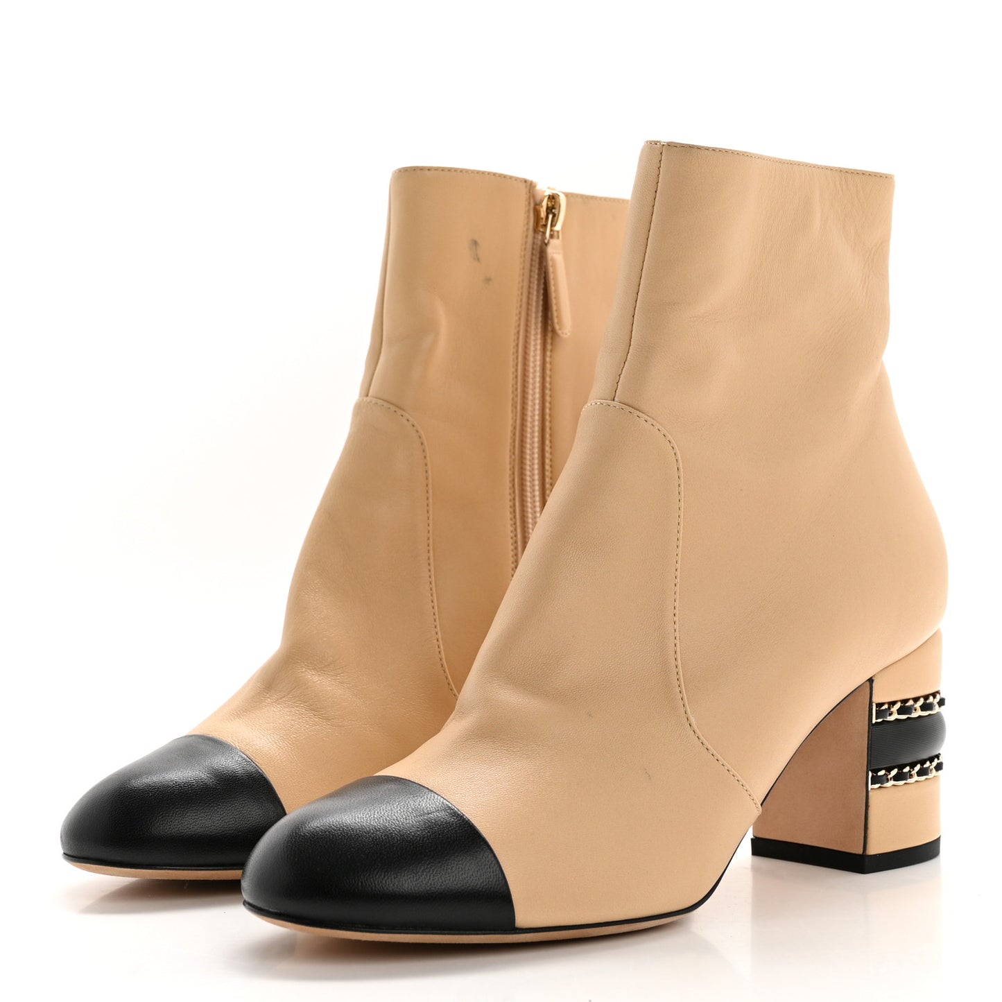 Lambskin Double Stack Chain Cap Toe Boots 38 Beige Black
