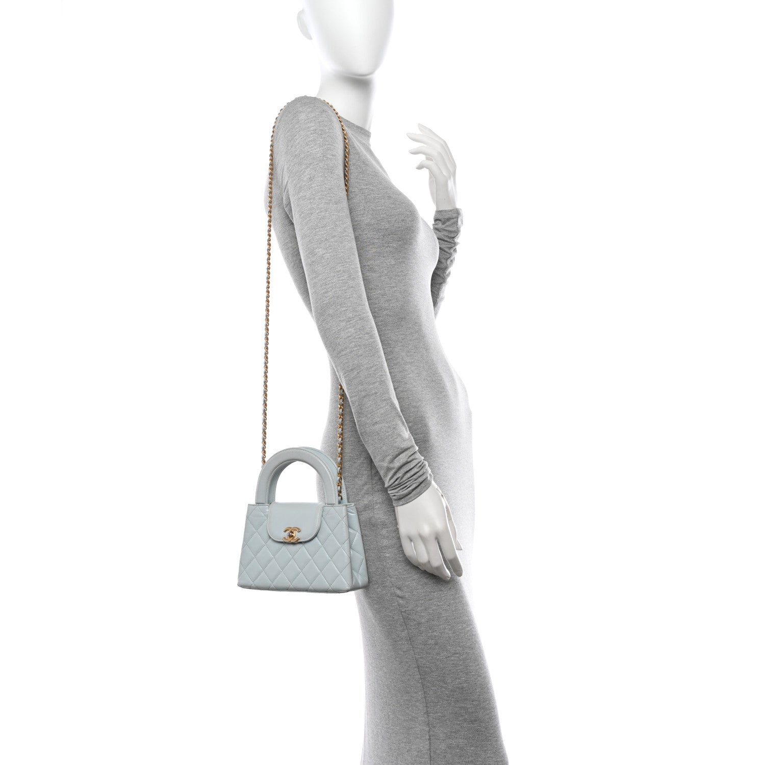 Chanel Shiny Aged Calfskin Quilted Nano Kelly Shopper Light Blue 2 of 11