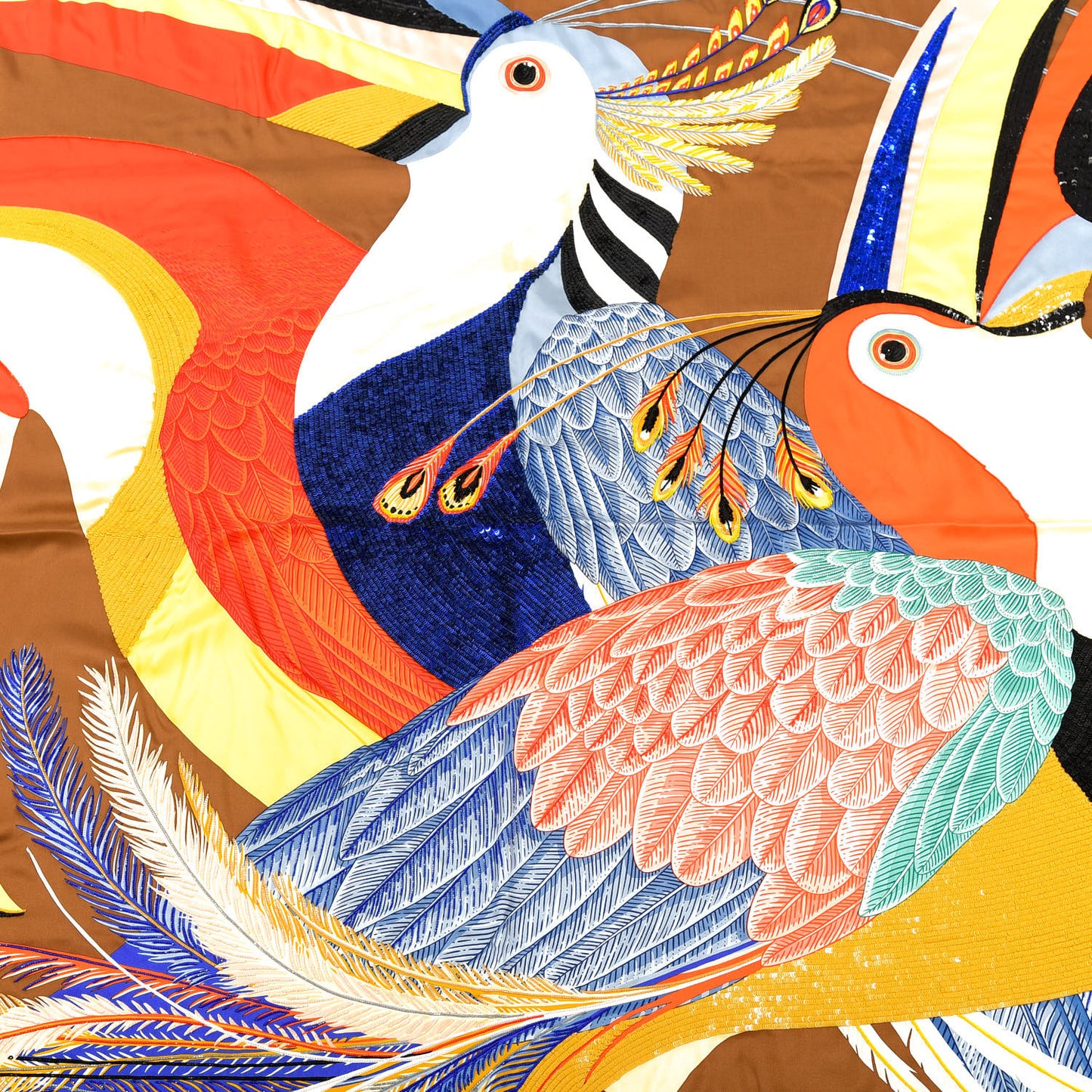 Silk Embroidered Giant Toucans De Paradis Scarf 140 Tabac Bleu Jaune