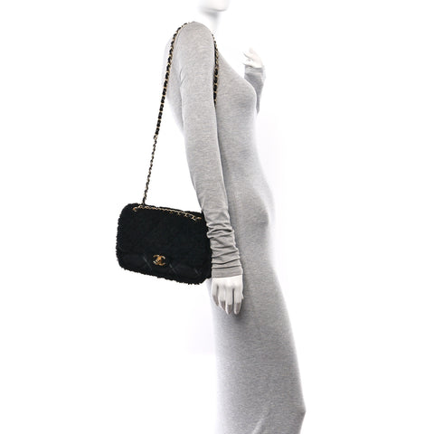 Shearling Lambskin Quilted Furry Coco Flap Black