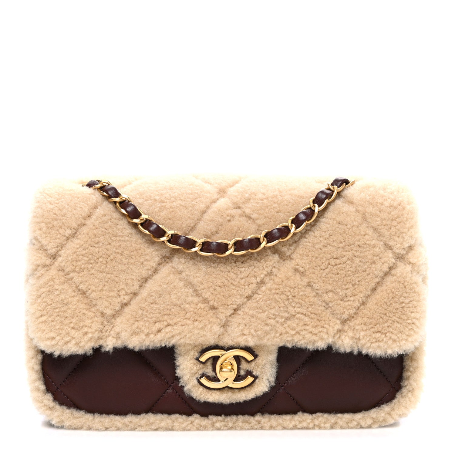 Chanel Shearling Lambskin Quilted Furry Coco Flap Dark Brown Beige