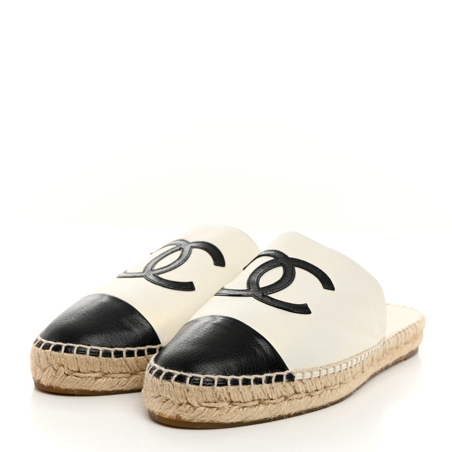 Iridescent Goatskin CC Espadrille Mules 40 Ivory Black