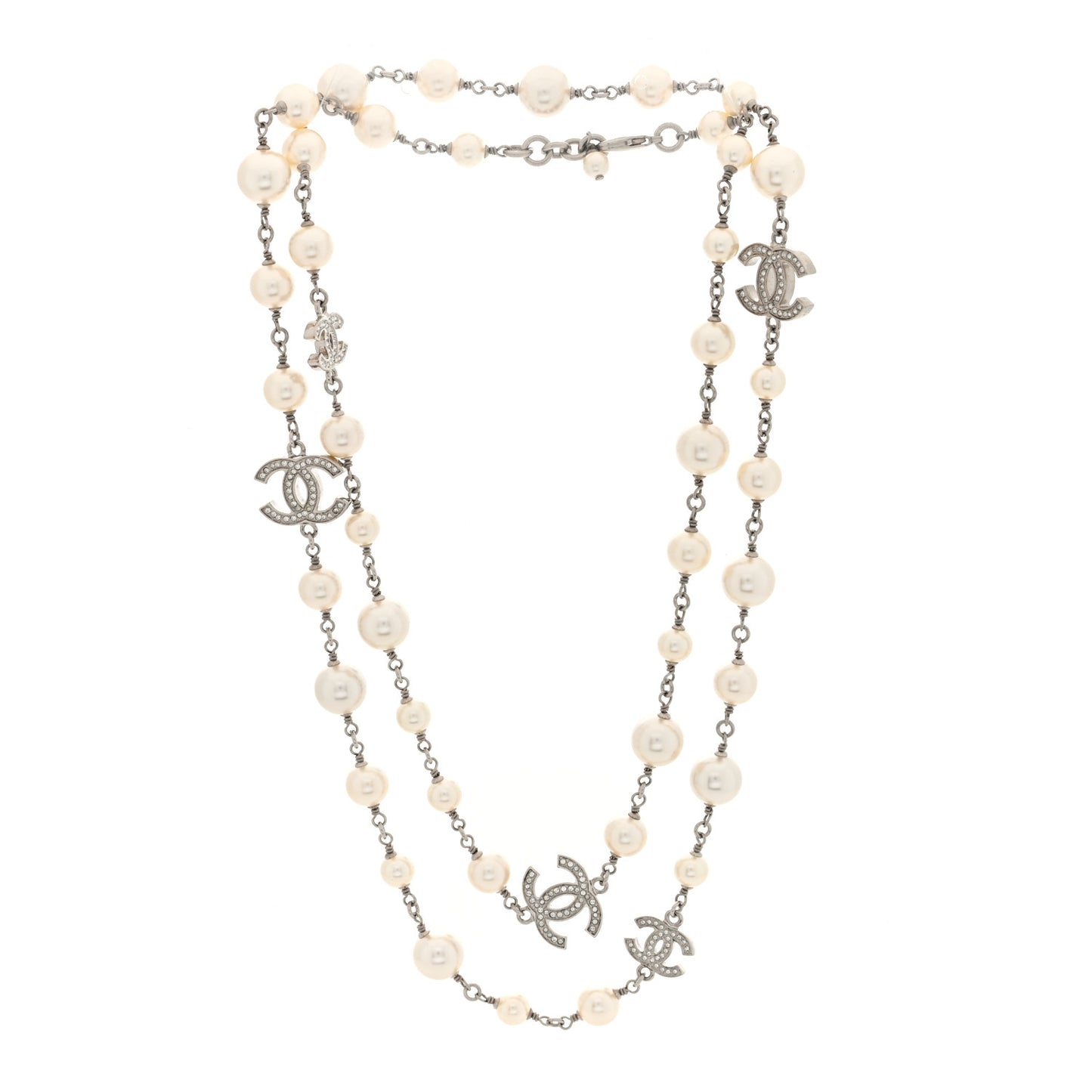 Crystal Pearl CC Long Necklace Silver
