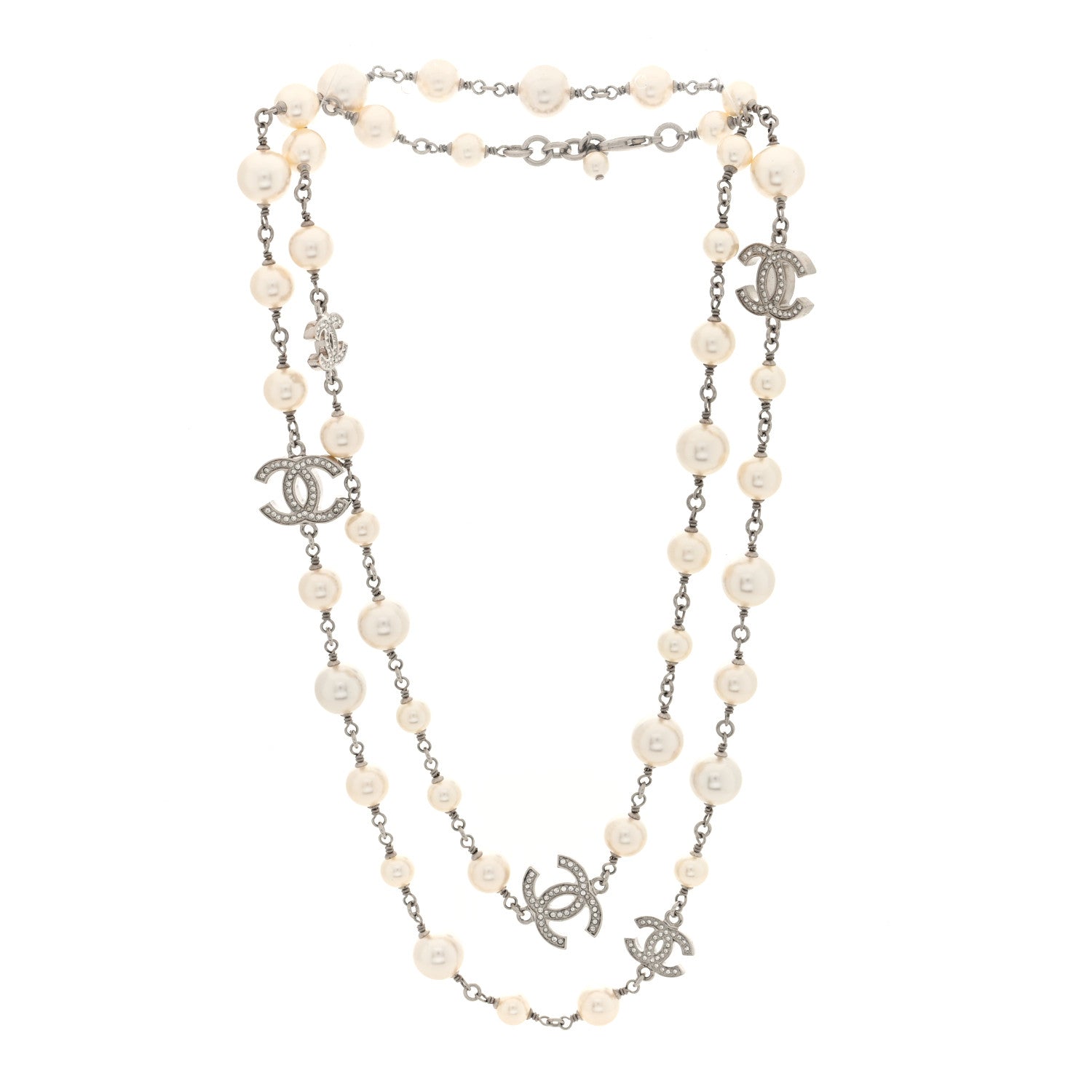 Chanel Crystal Pearl CC Long Necklace Silver 3 of 4