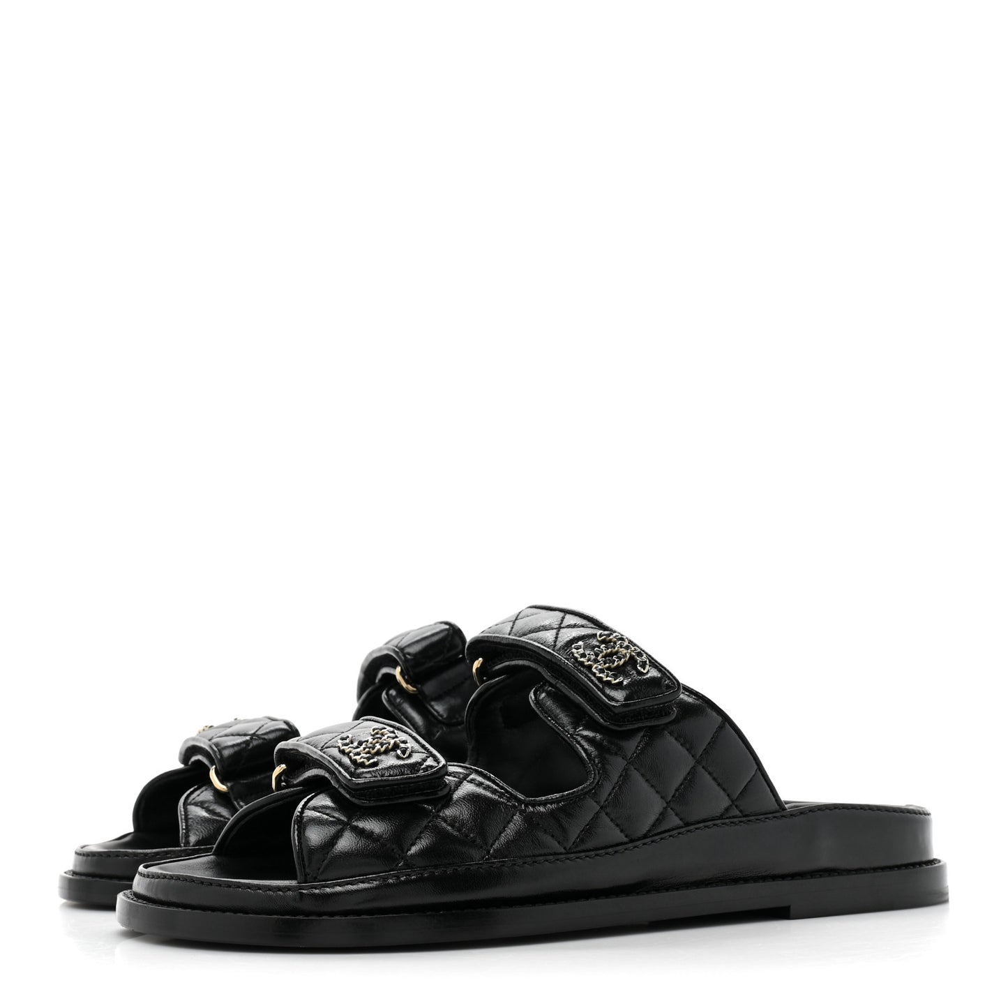 Lambskin Quilted Velcro Dad Chain CC Slide Sandals 38 Black