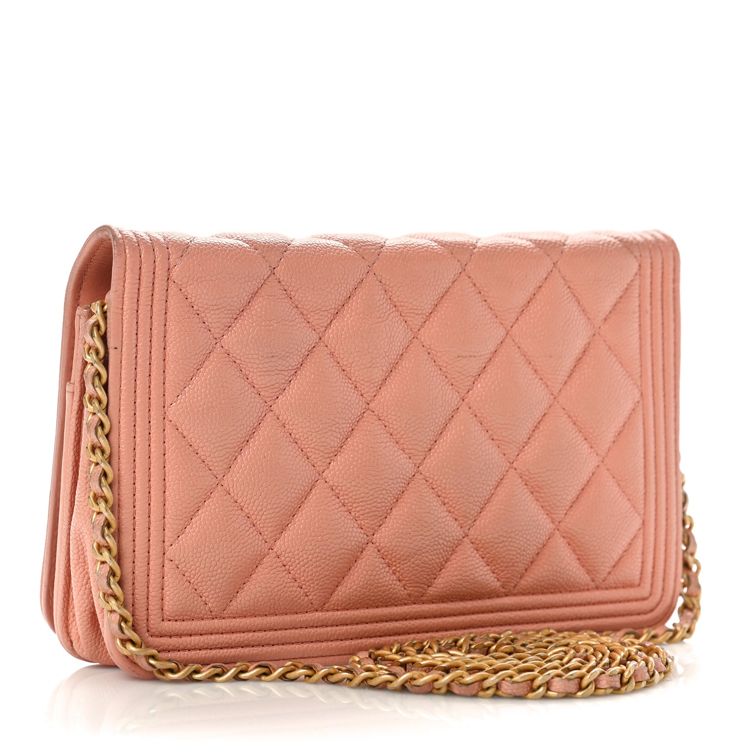 Iridescent Caviar Quilted Boy Wallet On Chain WOC Pink