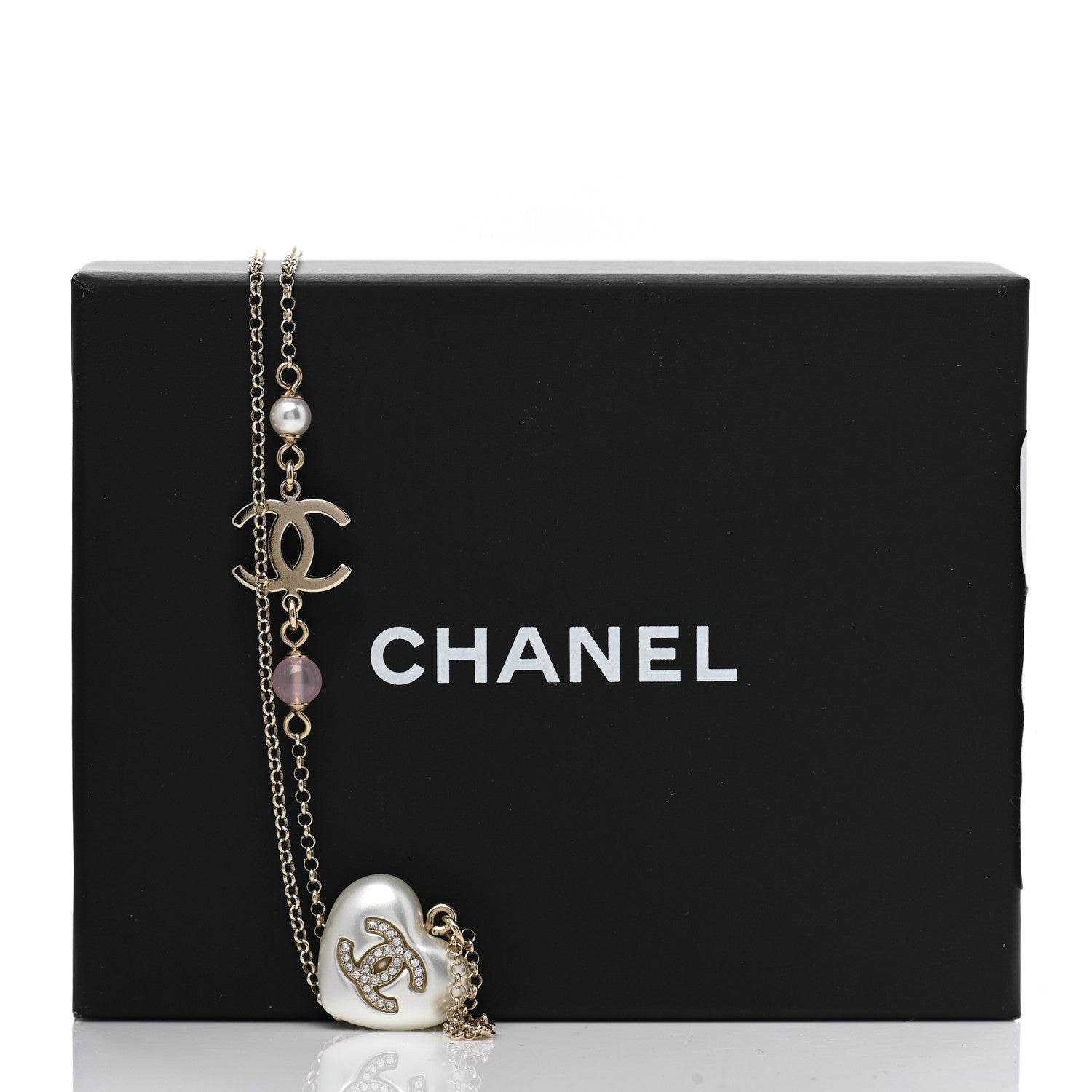 Chanel Resin Crystal CC Heart Necklace Pearly White Gold 5 of 5