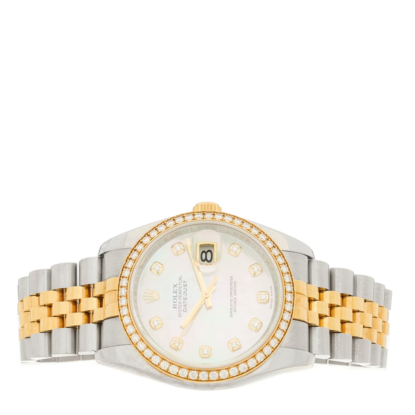 Stainless Steel 18K Yellow Gold Diamond Mother of Pearl 36mm Oyster Perpetual Datejust Watch 116243