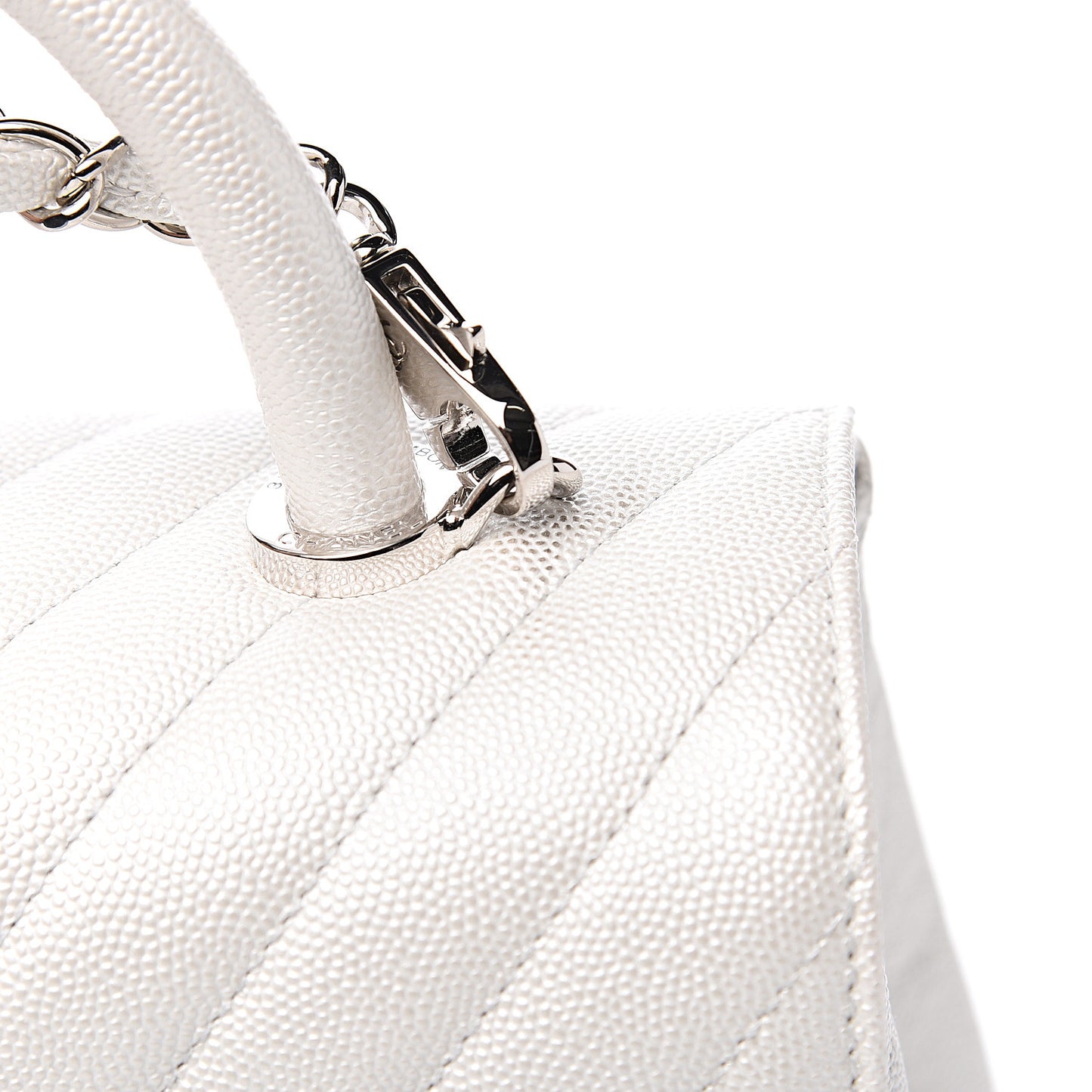 Iridescent Caviar Chevron Quilted Small Coco Handle Flap White