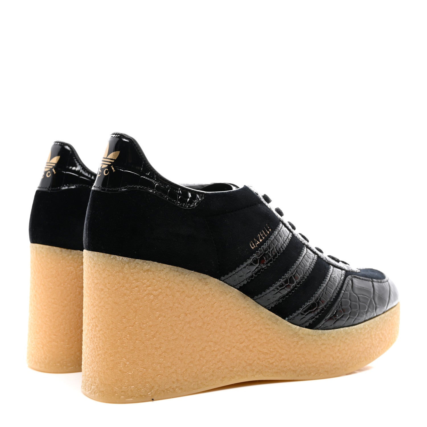 Gucci X ADIDAS Velvet Crocodile Embossed Gazelle Wedge Sneakers 40.5 Black 4 of 8