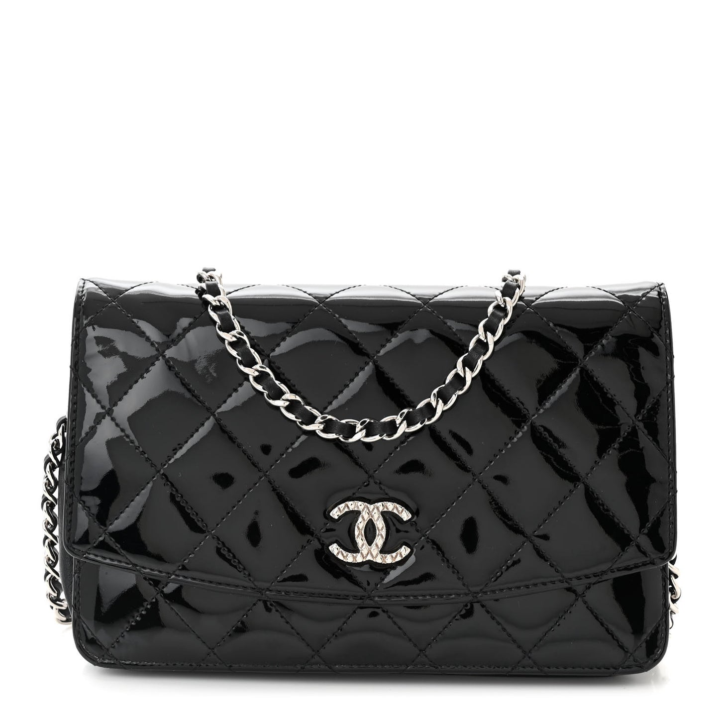 Patent Quilted Brilliant Wallet On Chain WOC Black