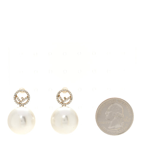 Metal Crystal Pearl Logo Drop Earrings Gold