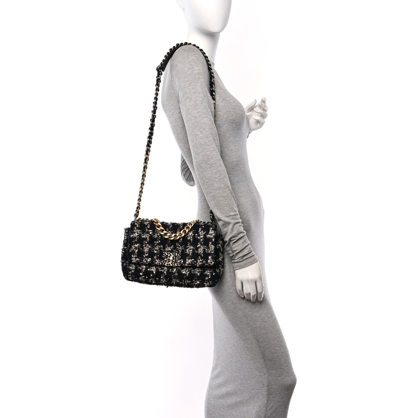 Tweed Quilted Medium Chanel 19 Flap Black Silver Ecru