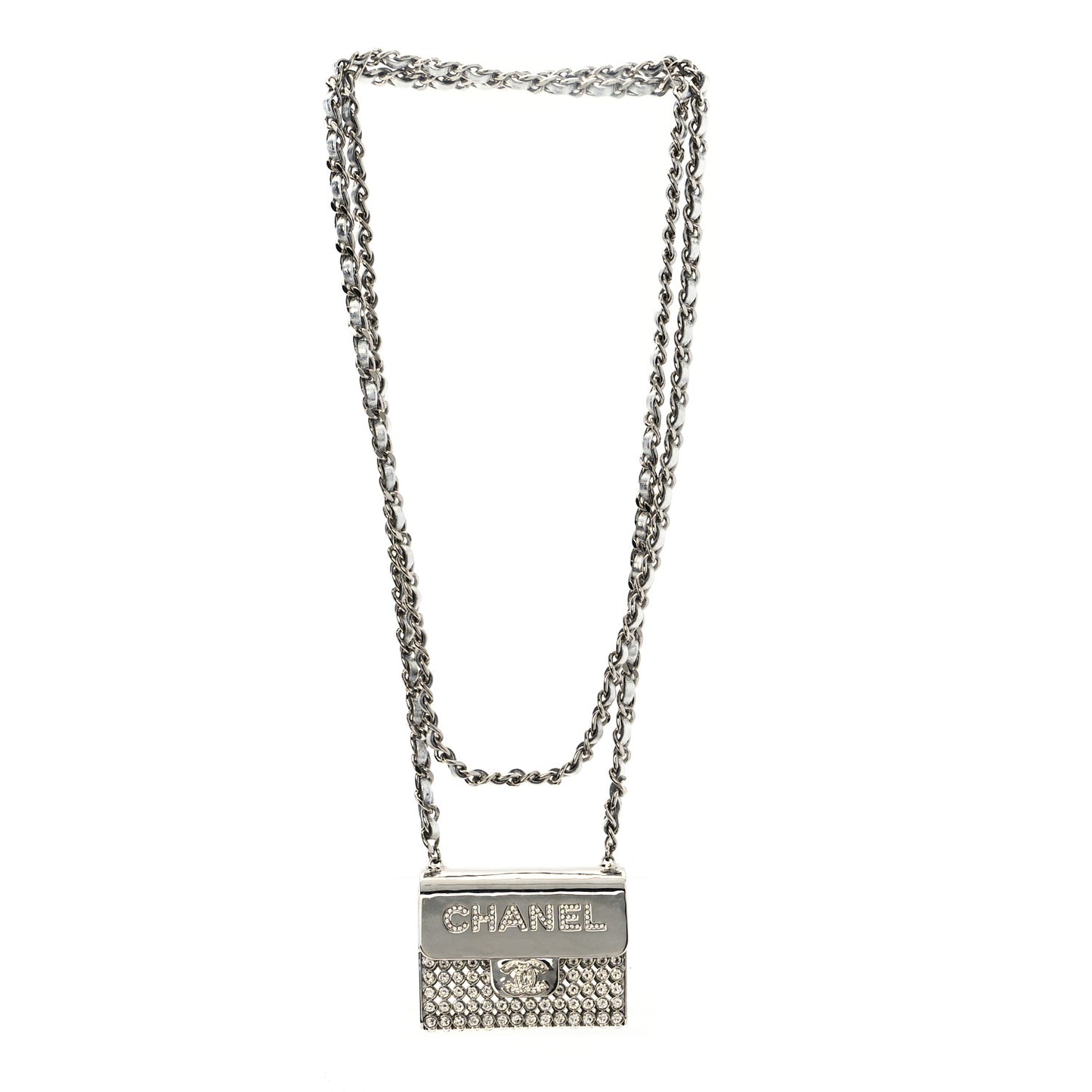 Metal Lambskin Strass Crystal Purse CC Long Necklace Silver