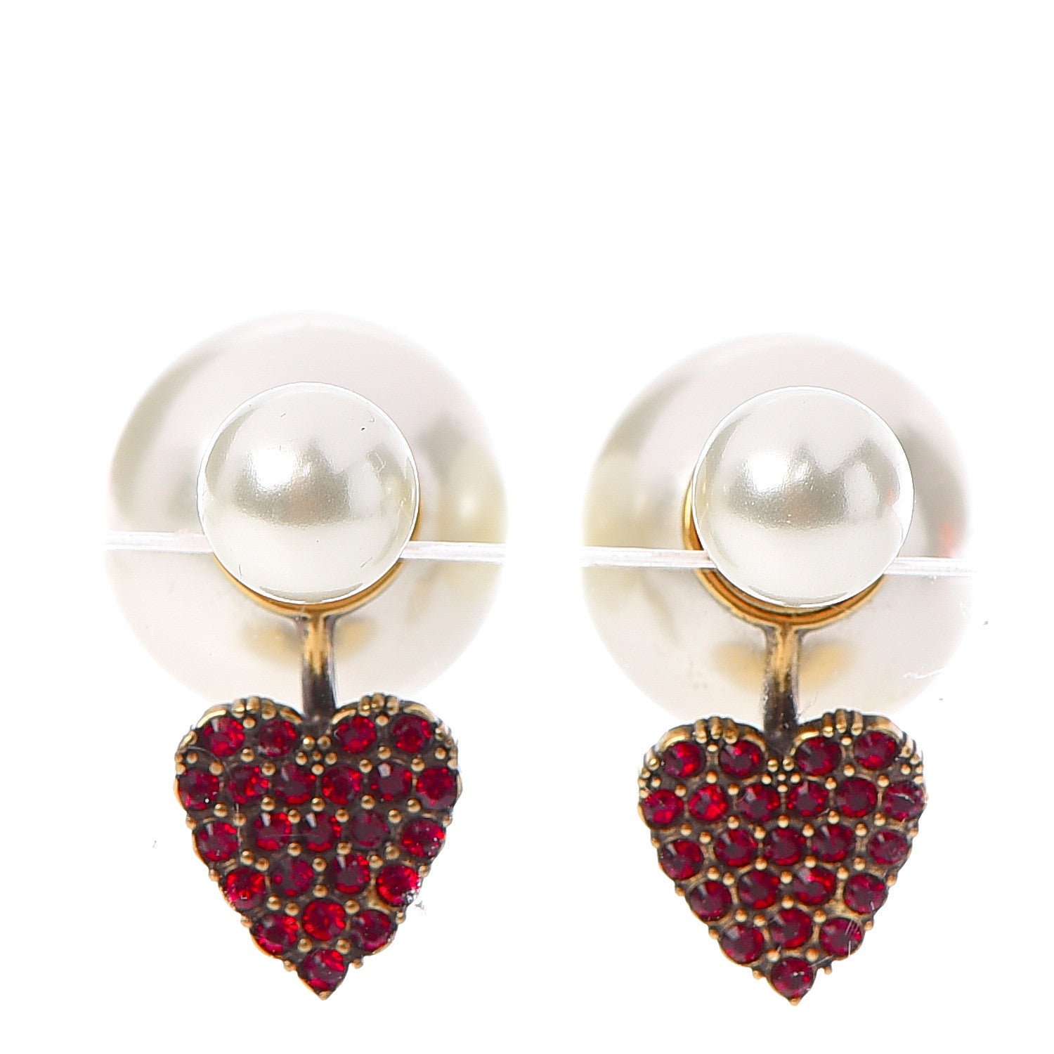 Christian Dior Pearl Crystal Heart Tribal Earrings Gold Red 535438