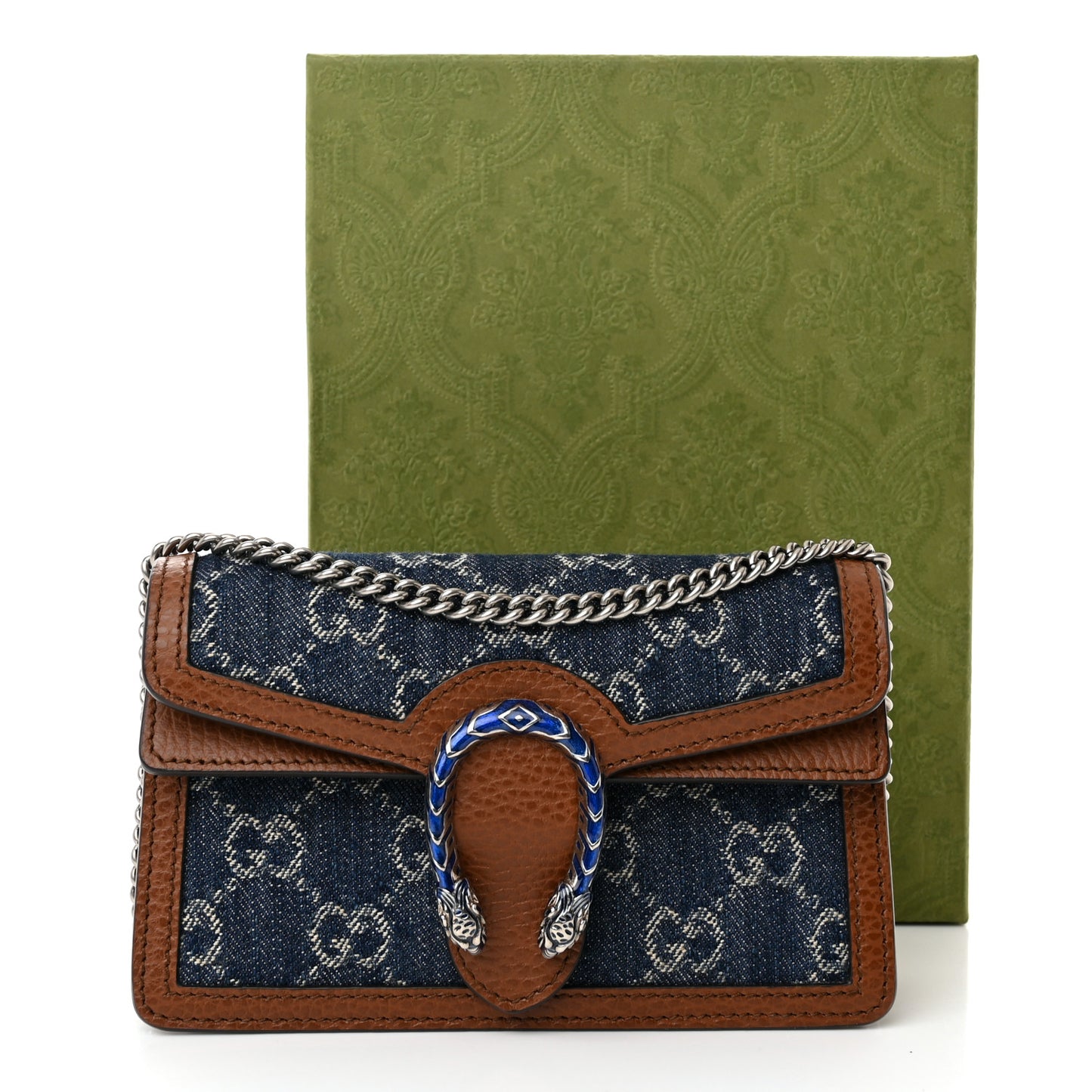 New Denim GG Monogram Dollar Calfskin Enamel Super Mini Dionysus Shoulder Bag Blue Tea Cuir Epilog Electric Blue