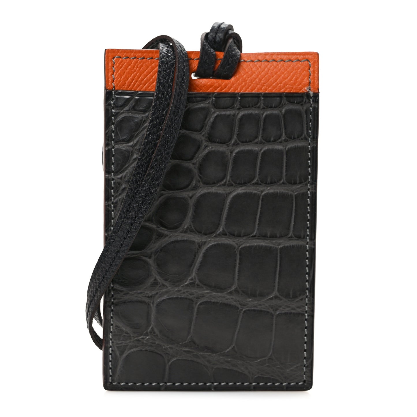 Matte Crocodile Epsom Petit H Lanyard Card Holder Graphite Orange