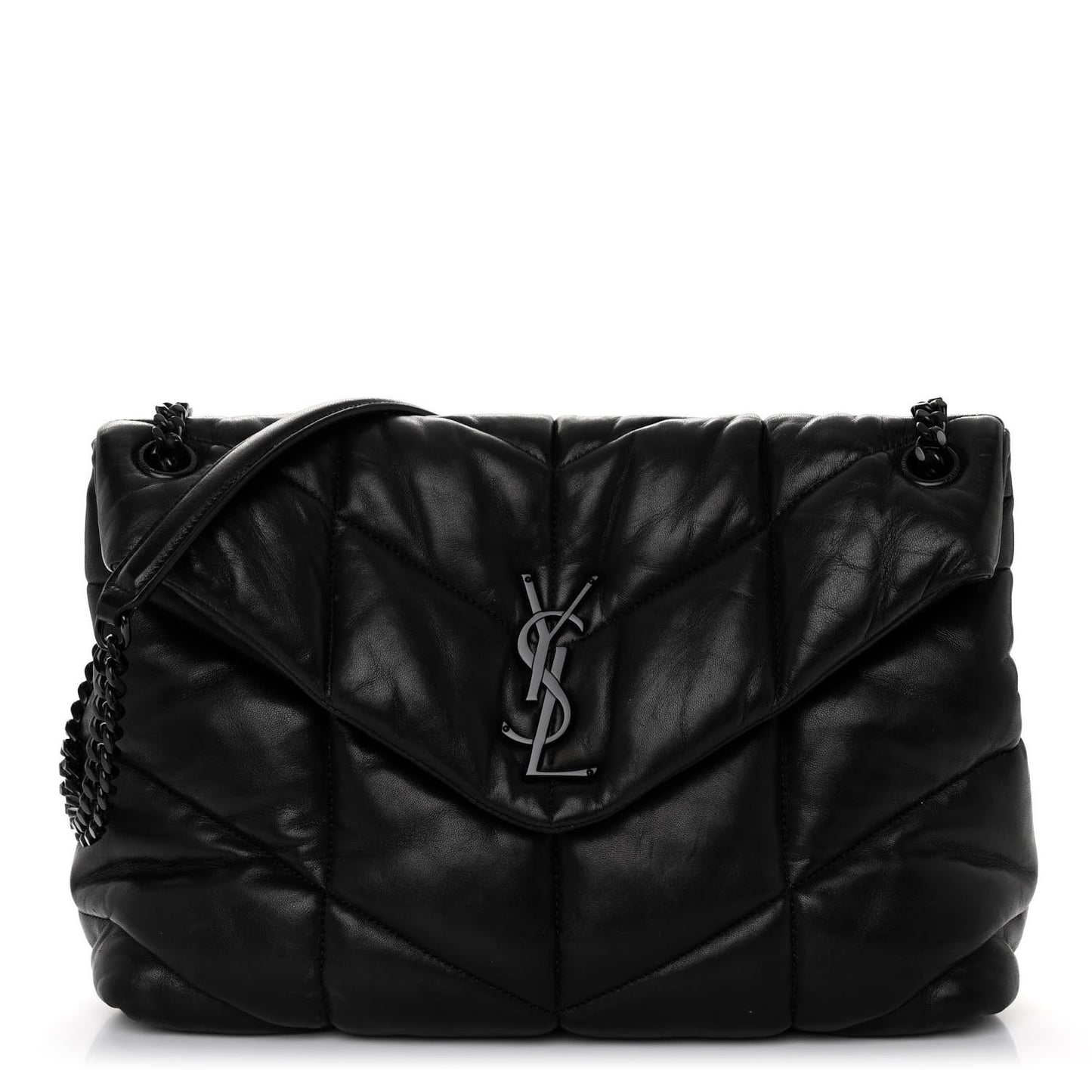 Lambskin Quilted Monogram Monochrome Medium Loulou Puffer Chain Satchel Black