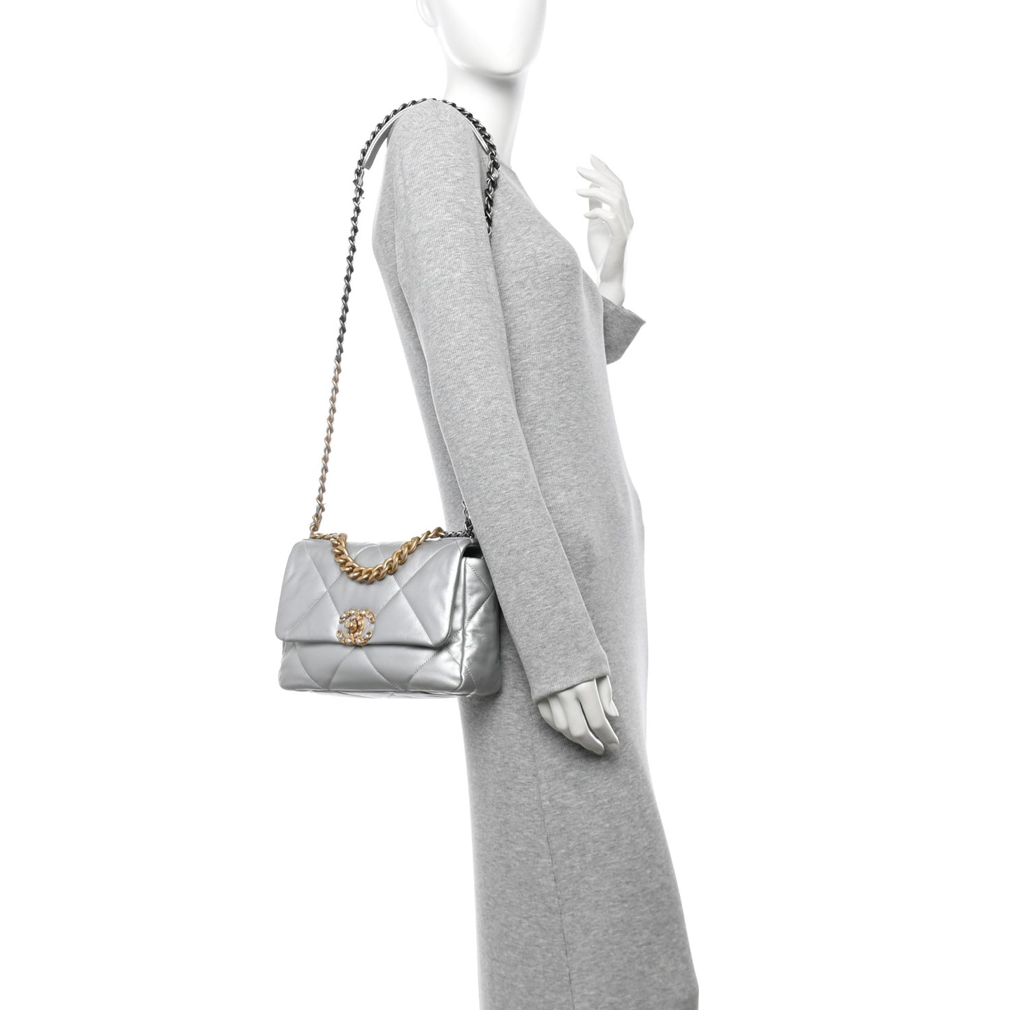 Metallic Lambskin Quilted Medium Chanel 19 Flap Silver