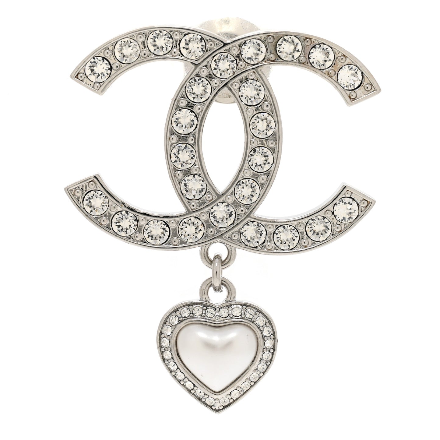 Crystal Pearl CC Heart Drop Brooch Silver