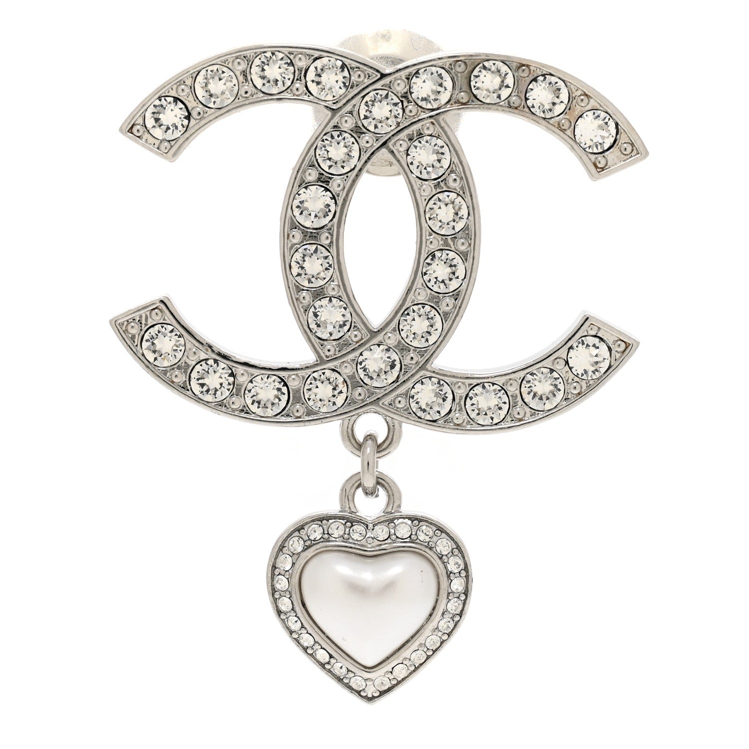 Chanel Crystal Pearl CC Heart Drop Brooch Silver 1 of 4
