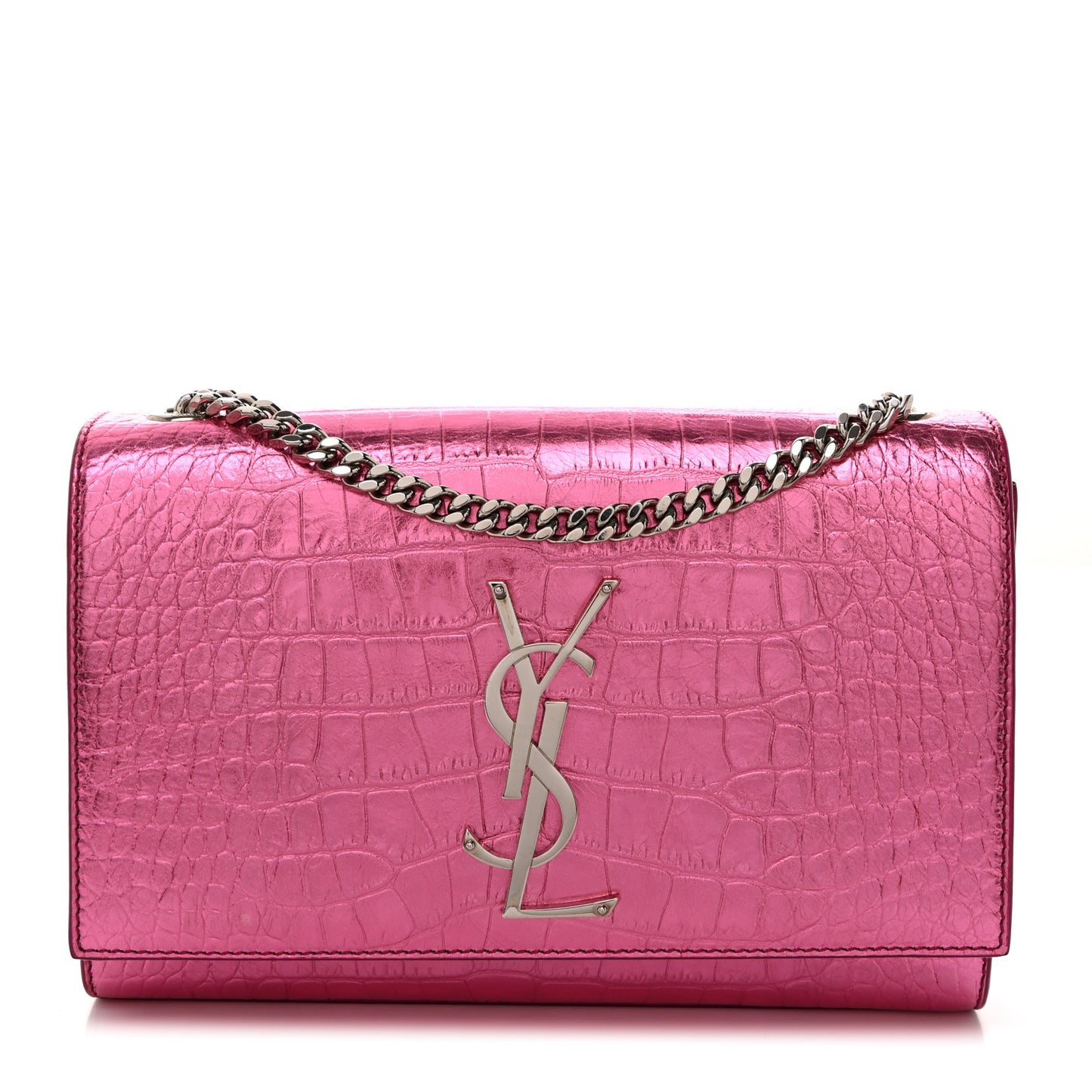 Metallic Calfskin Crocodile Embossed Small Classic Monogram Kate Tassel Satchel Pink