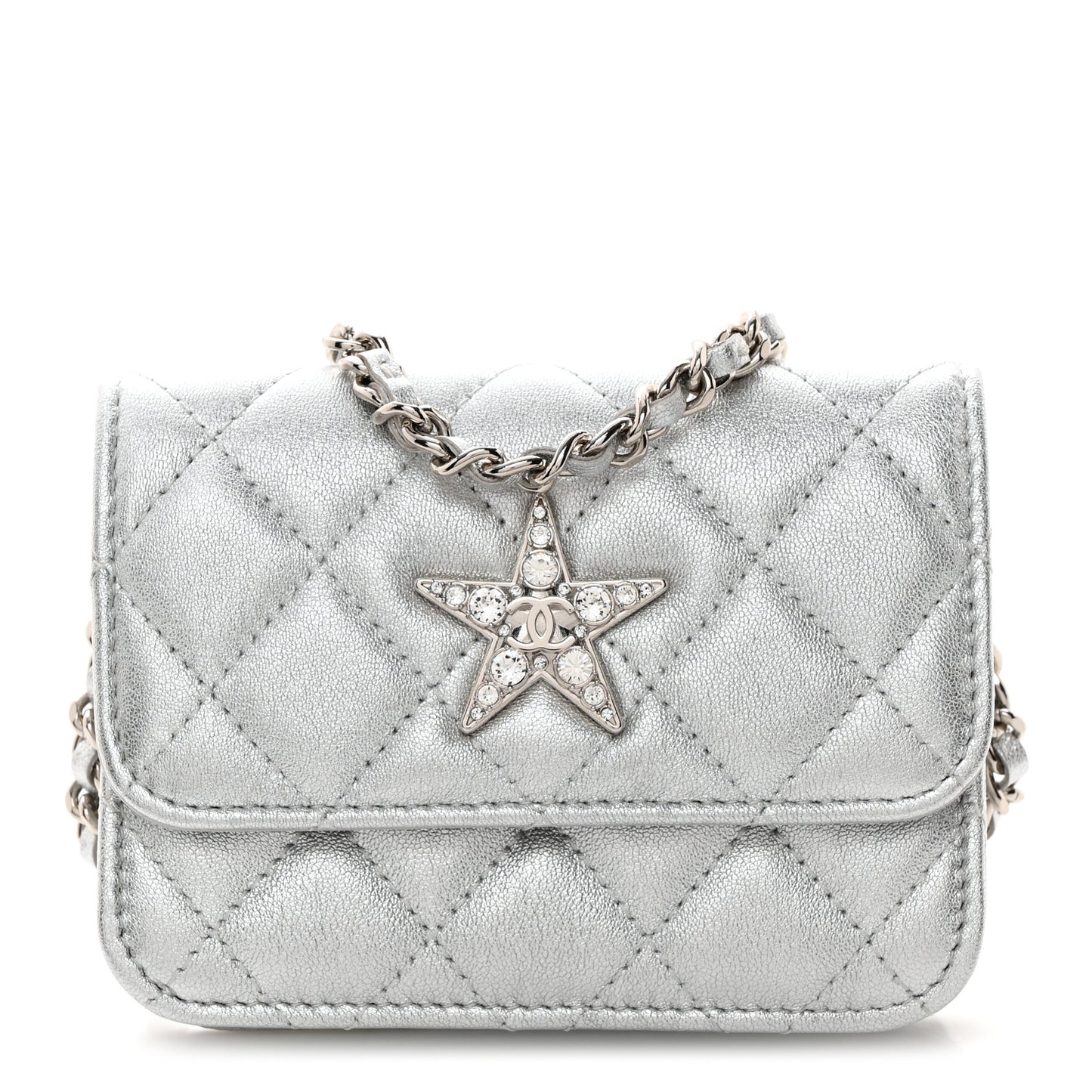 Metallic Goatskin Quilted Star Flap Waist Belt Bag Silver