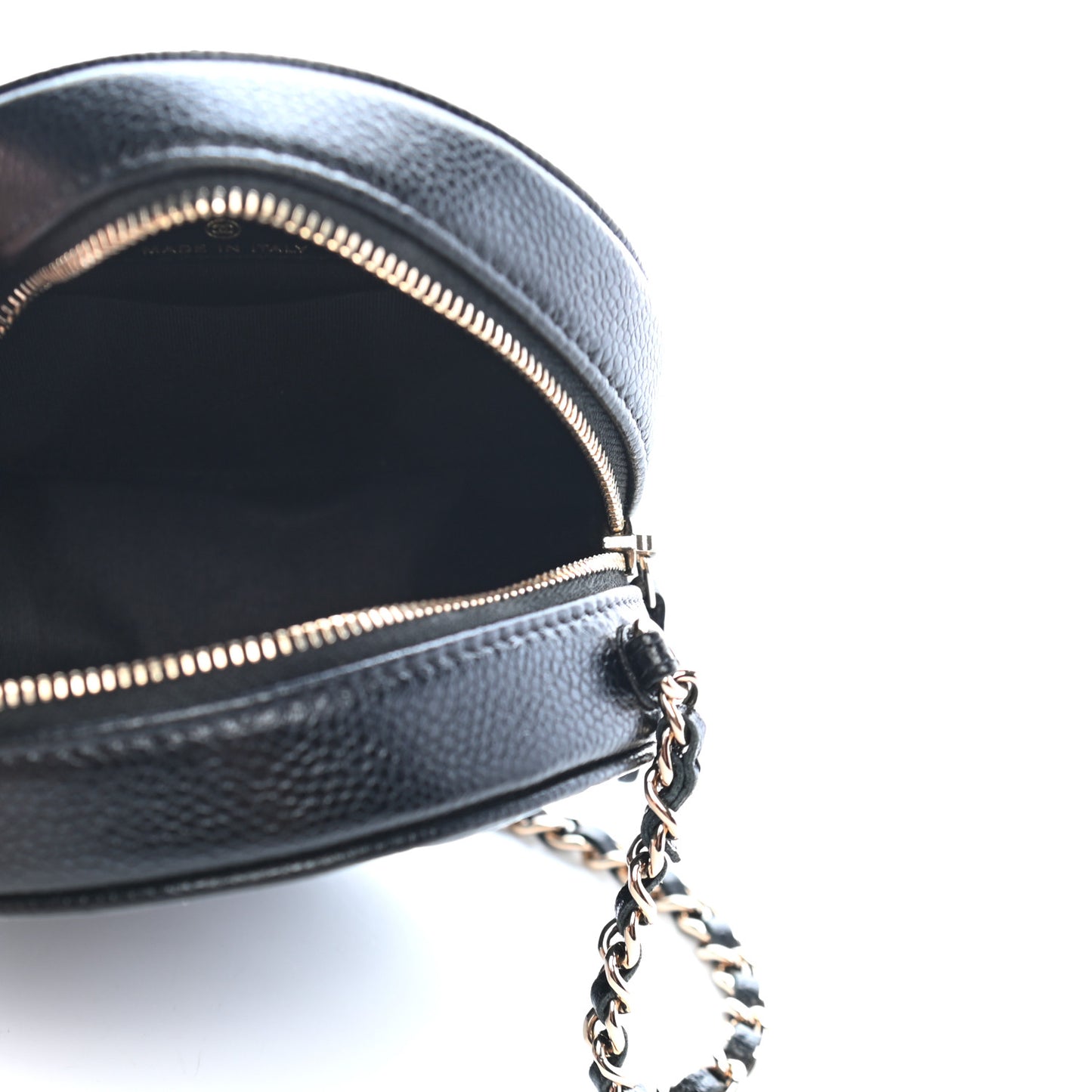Caviar Camellia Embossed Round Clutch With Chain Black