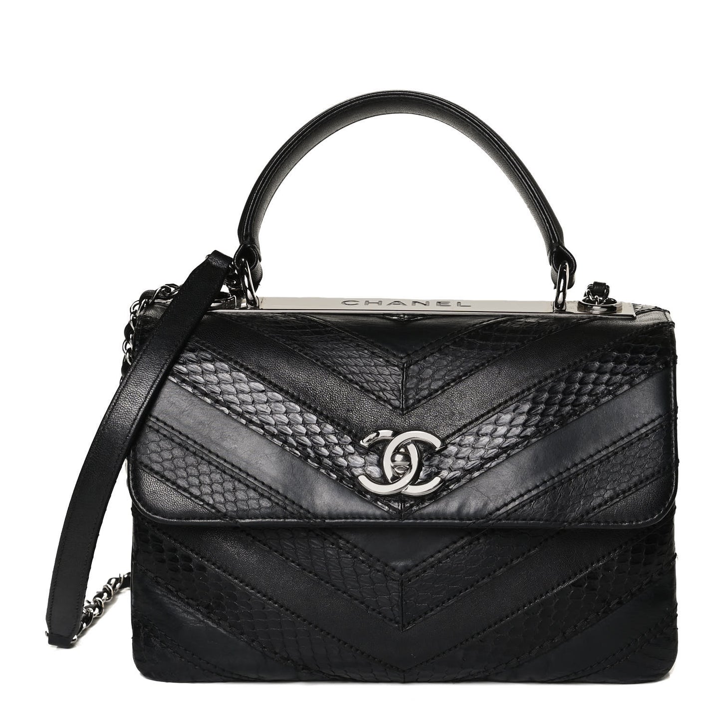 Calfskin Sheepskin Watersnake Chevron Quilted CC Small Trendy CC Dual Handle Flap Bag Black