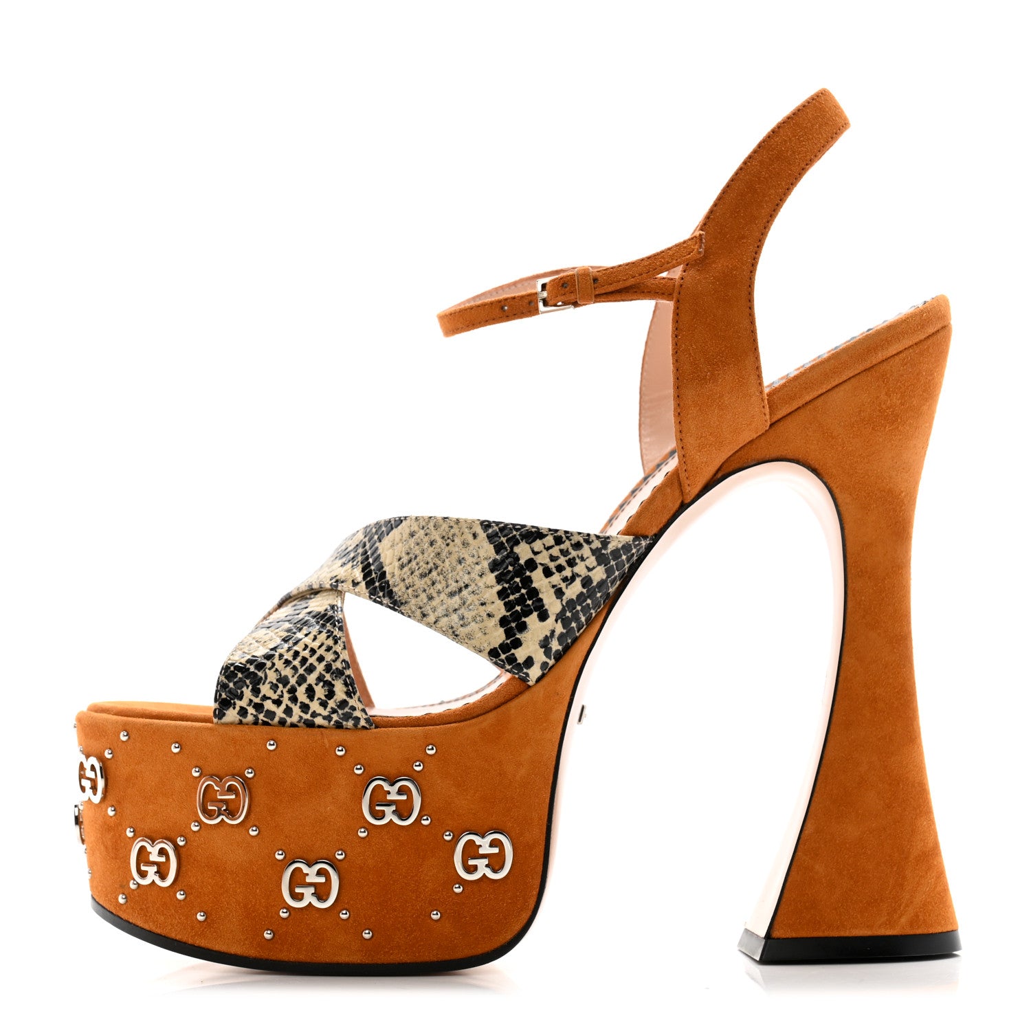 Gucci Malaga Kid Suede Snakeskin Interlocking G Studs 155mm Platform Sandals 40.5 Beige Cognac 1 of 13