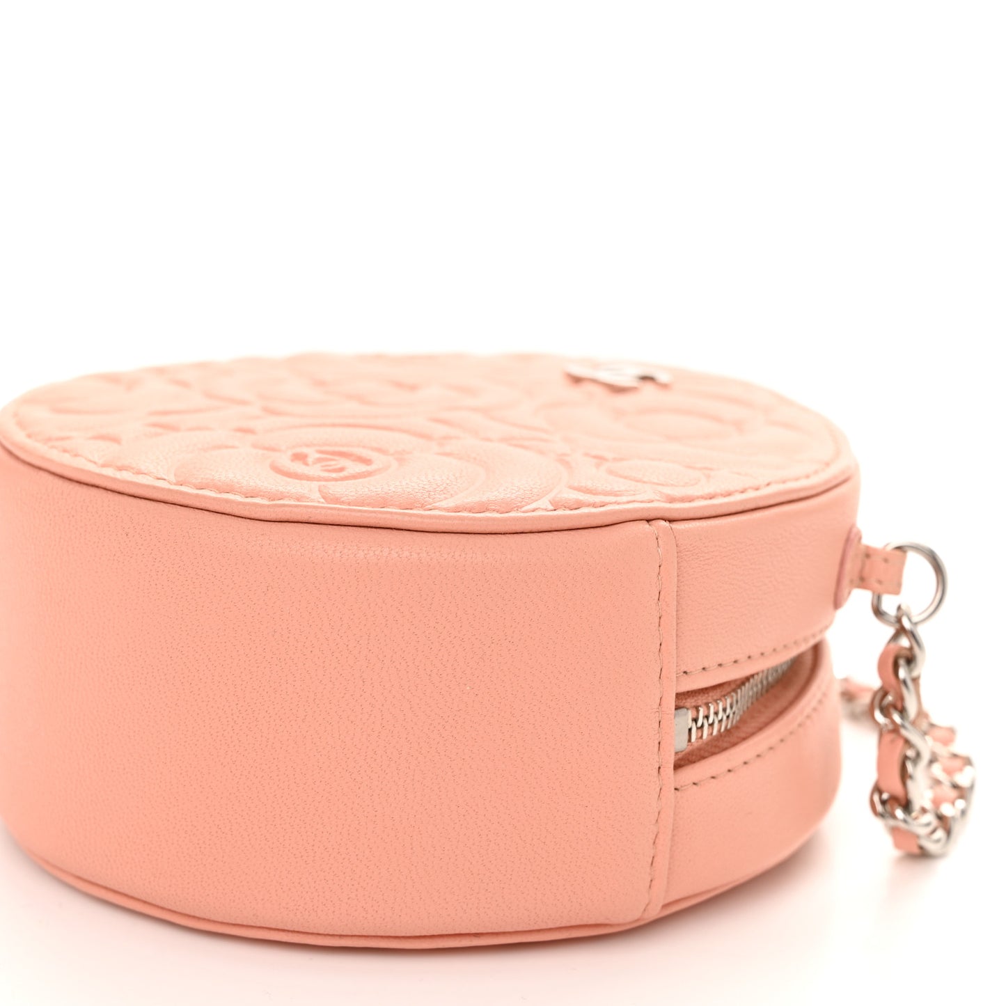Lambskin Camellia Quilted Round Clutch With Chain Light Pink