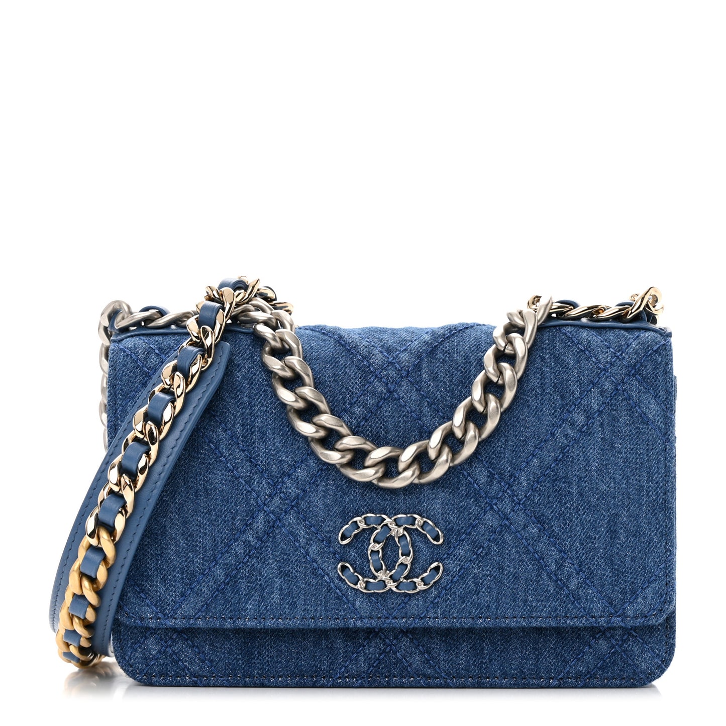 Denim Quilted Chanel 19 Wallet On Chain WOC Blue
