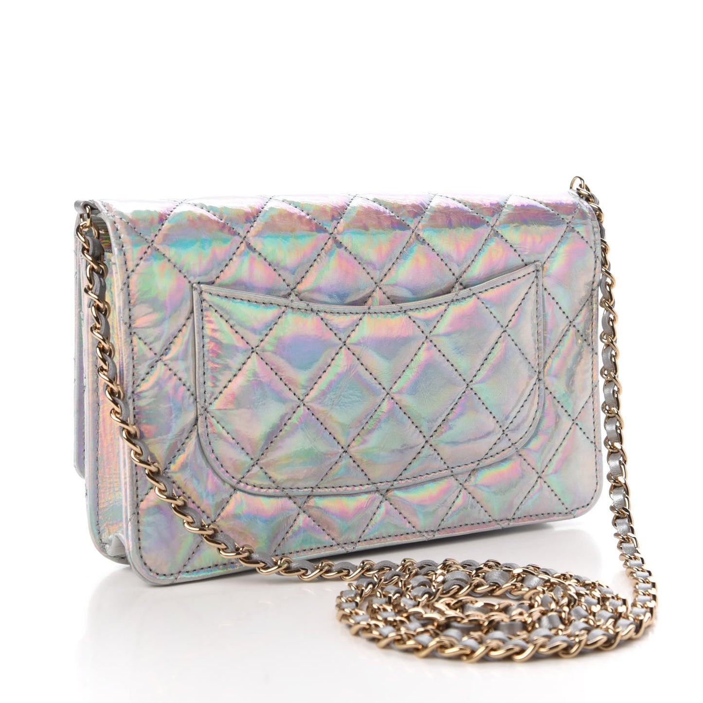 Iridescent Goatskin Quilted Wallet On Chain WOC Silver