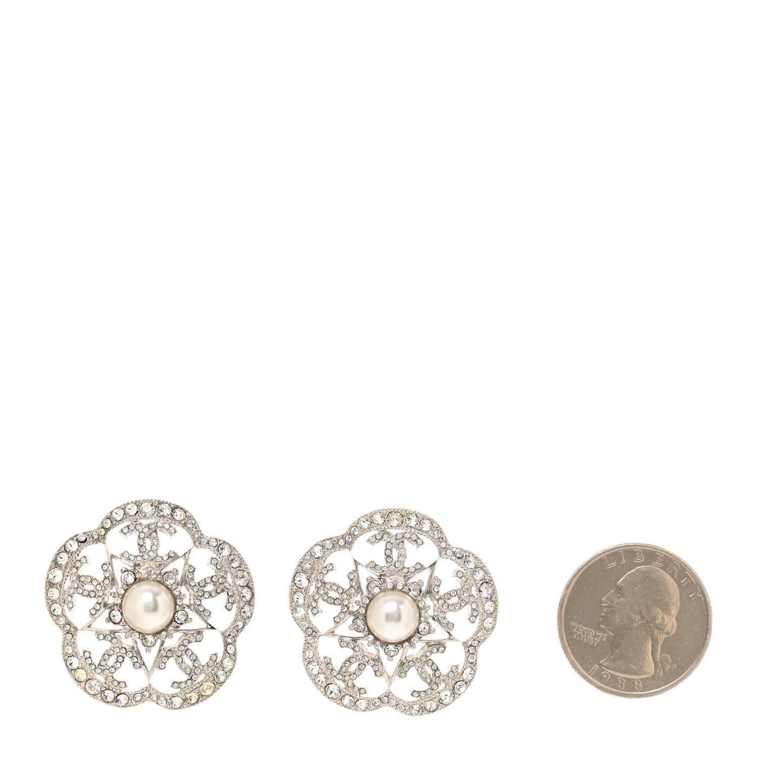 Chanel Crystal Pearl Large Camellia CC Earrings Silver 2 of 5