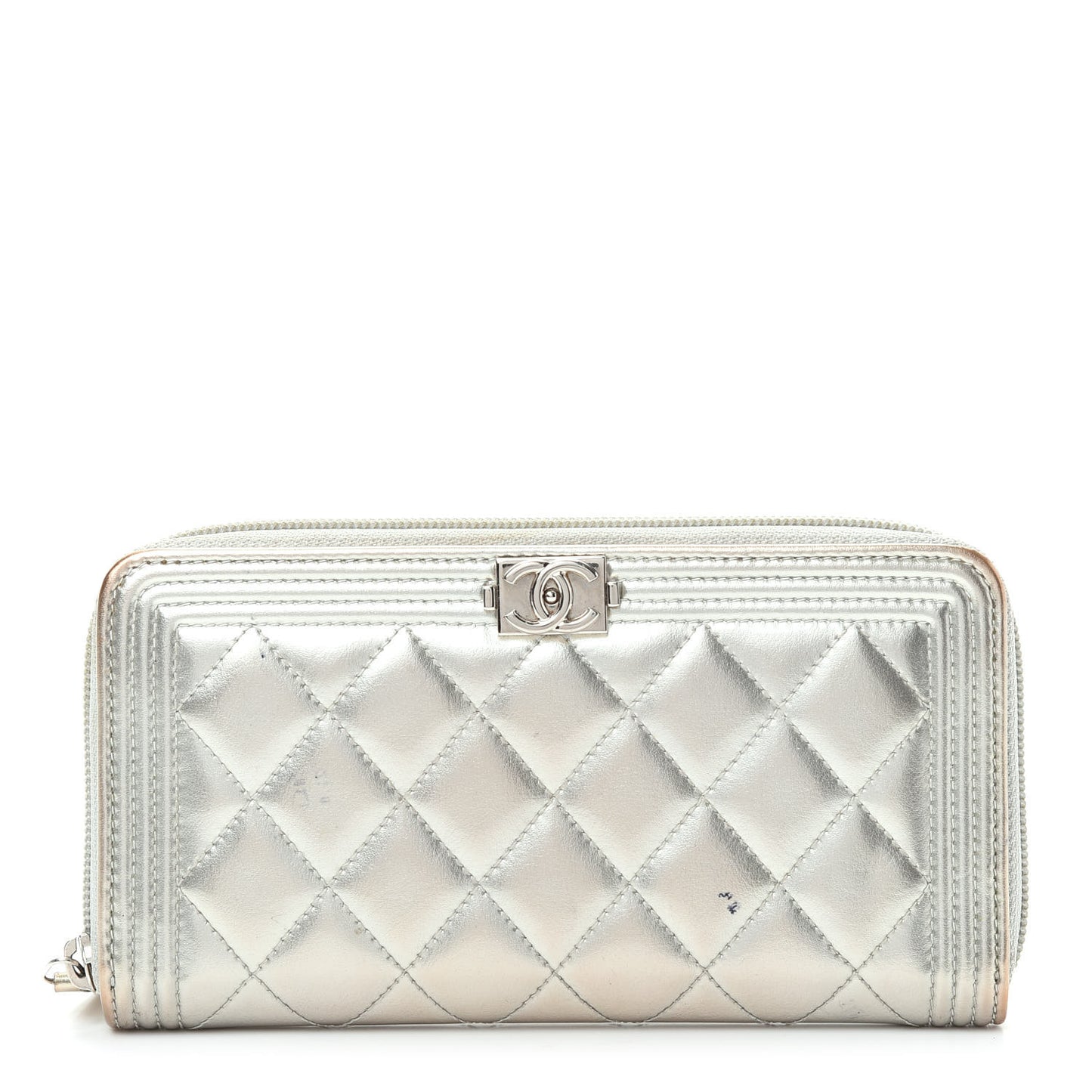 Metallic Calfskin Quilted Boy Zip Around Wallet Silver